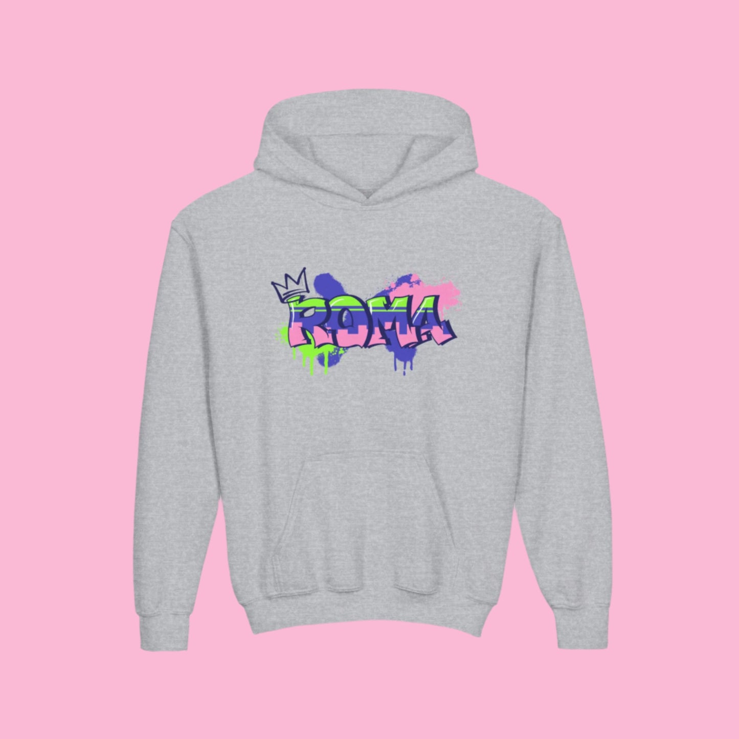 Youth pullover hoodie with stylish 'ROMA' graphic in vibrant font