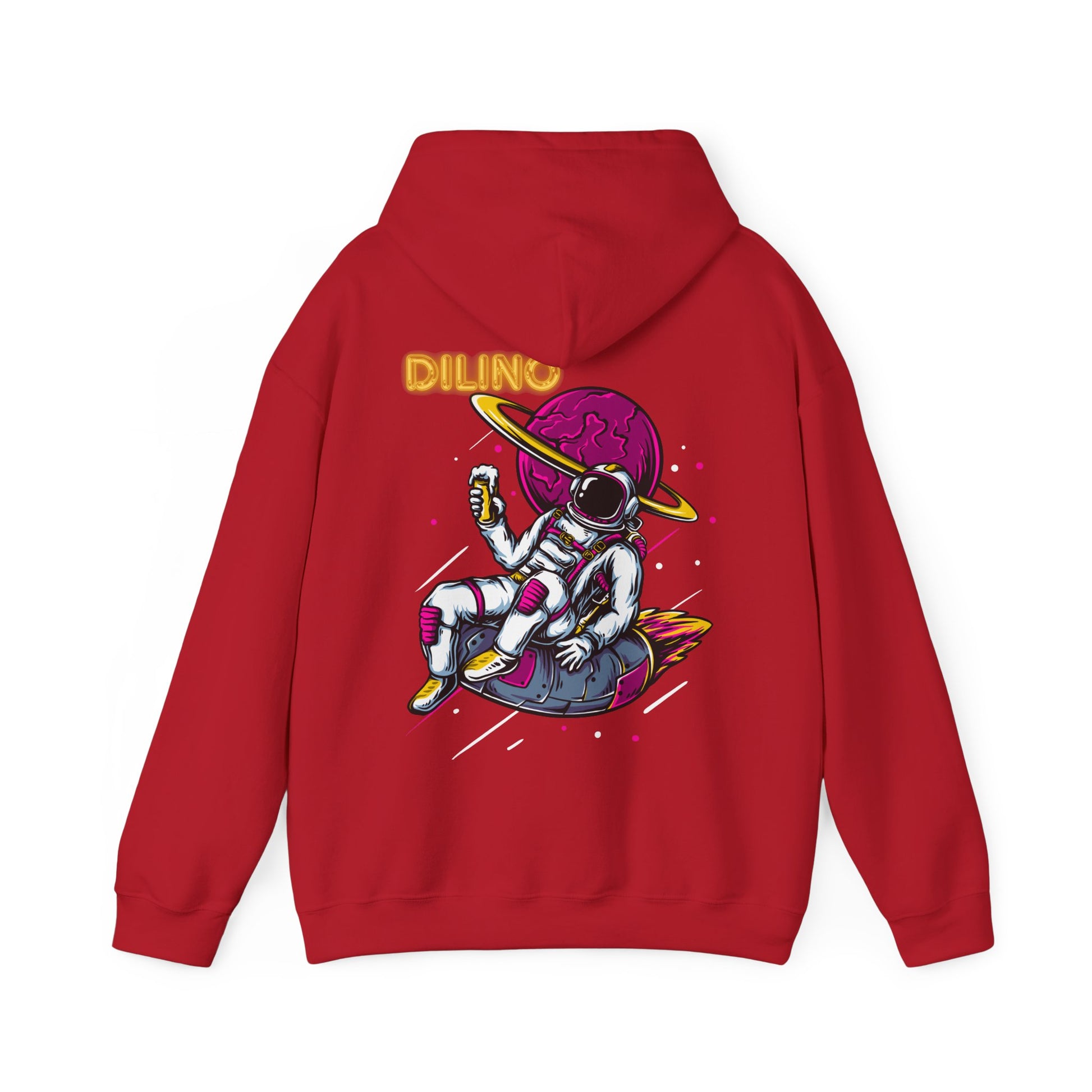 Hoodie with a dreamy night-sky design—an astronaut in mid-air with “DILINO” beneath the cosmic scene.

