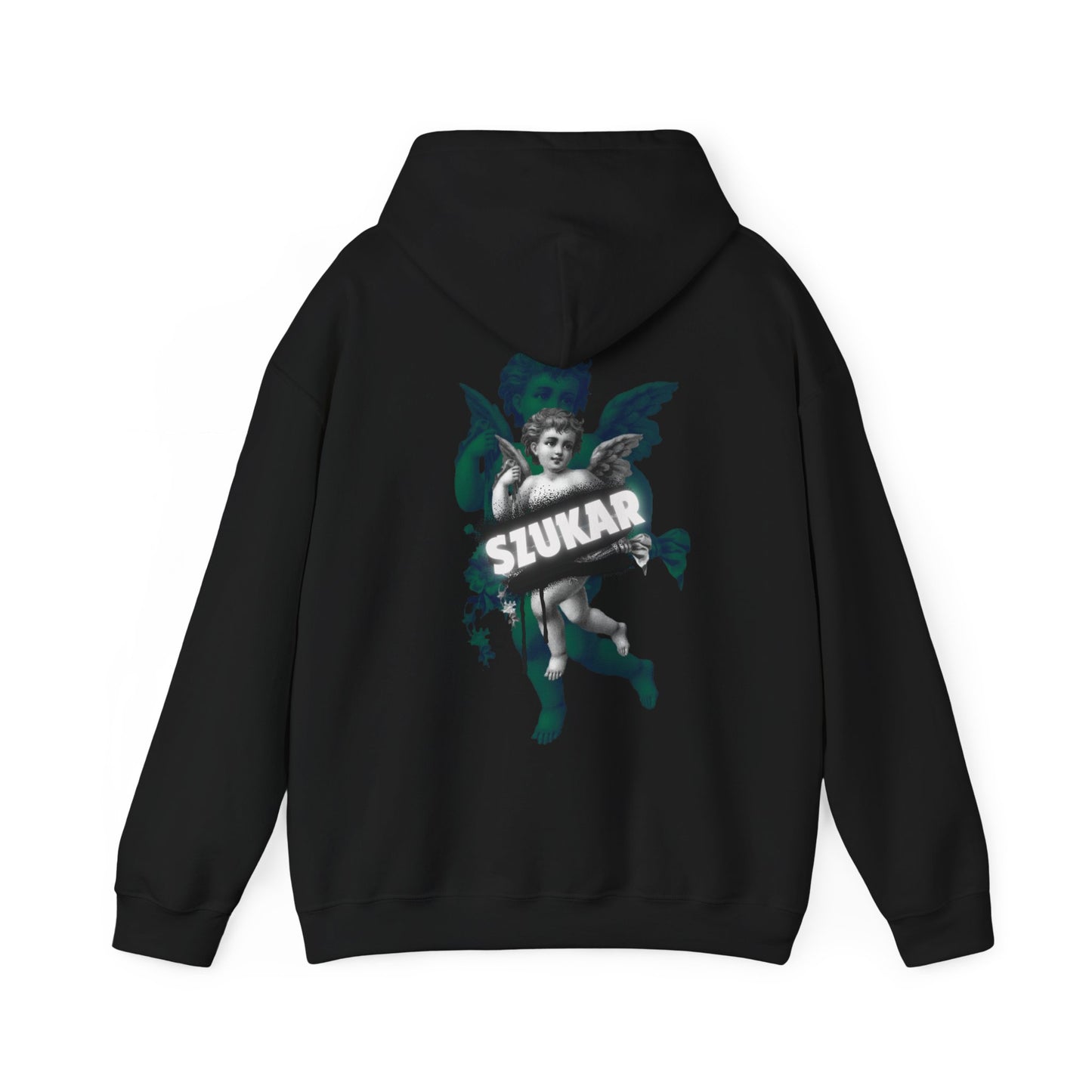 Urban hoodie featuring soft-shaded angel graphic and vintage-style ‘SZUKAR’ text overlay.