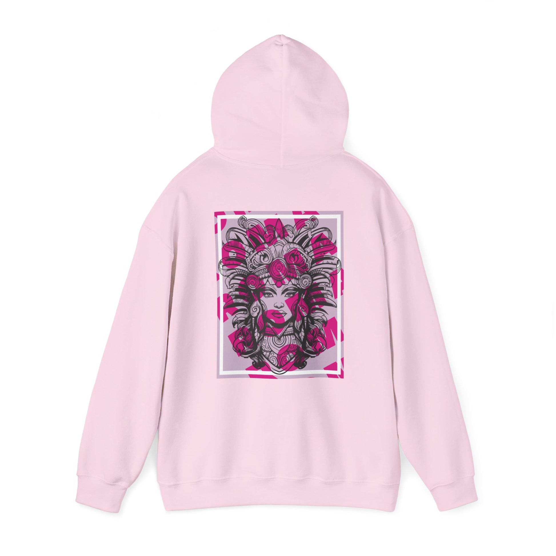 Pullover hoodie with a striking close-up graphic of a girl’s face, framed by flowing hair details.

