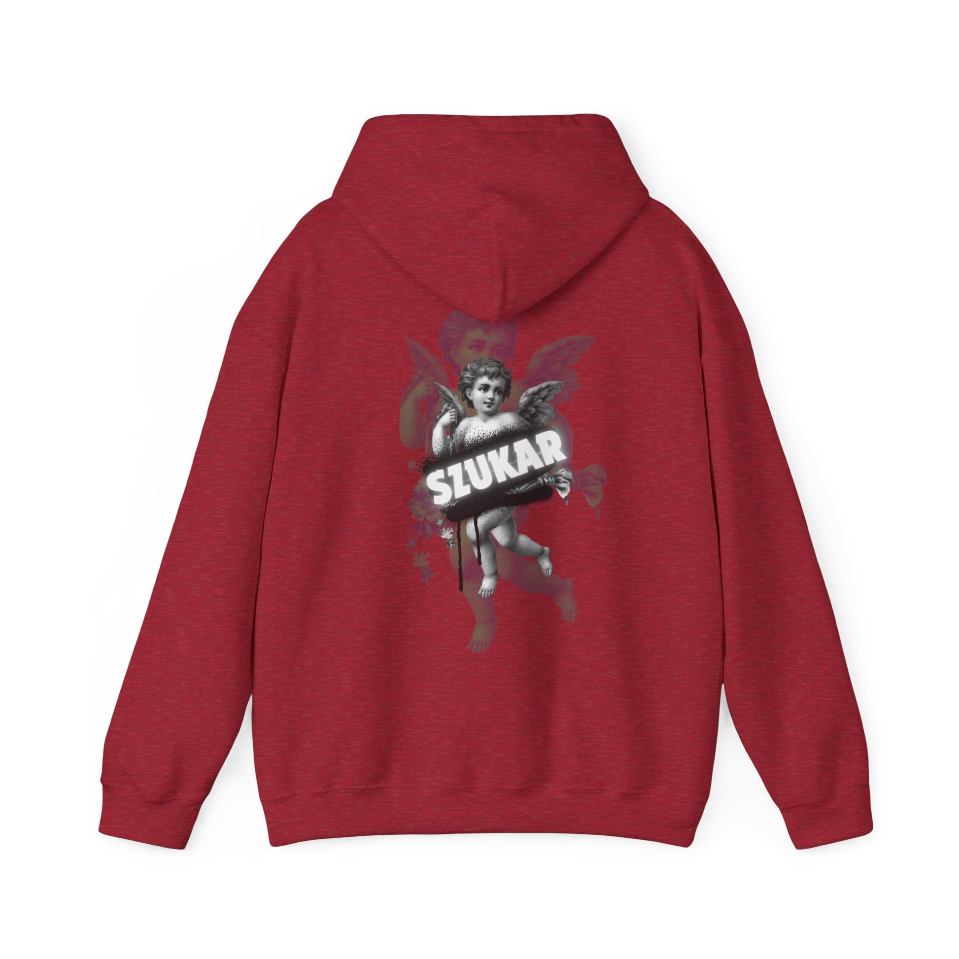 Minimalist hoodie featuring a subtle angel design and clear ‘SZUKAR’ typography.