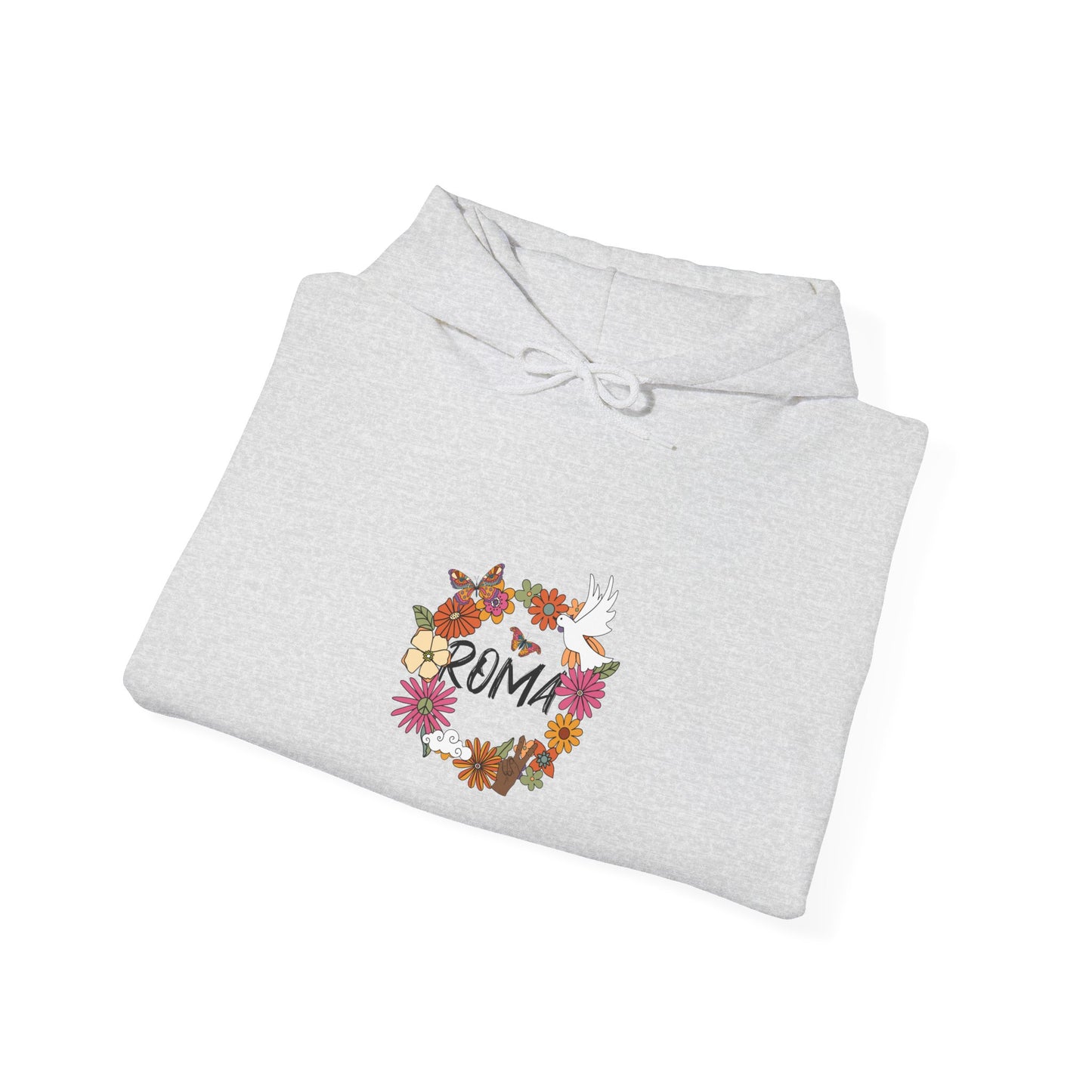 Nature-inspired hoodie with lush flower graphics circling a peaceful dove and subtly placed “ROMA” text.