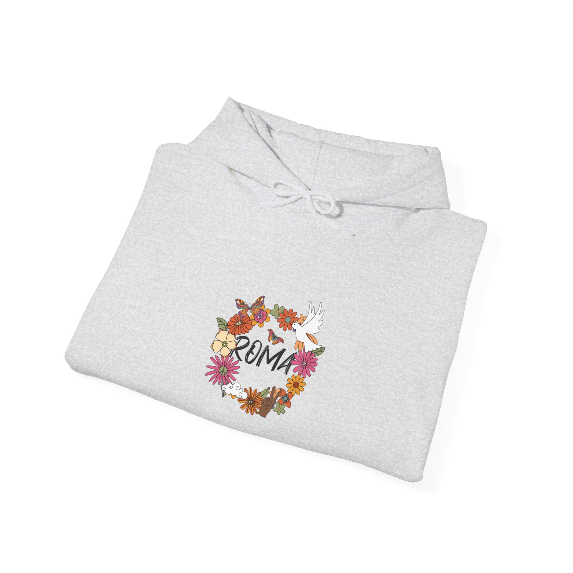 Nature-inspired hoodie with lush flower graphics circling a peaceful dove and subtly placed “ROMA” text.