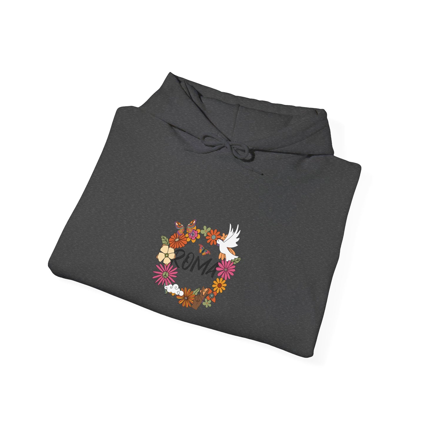 Hoodie with a circular floral frame encasing a graceful dove and “ROMA” text centered inside the design.