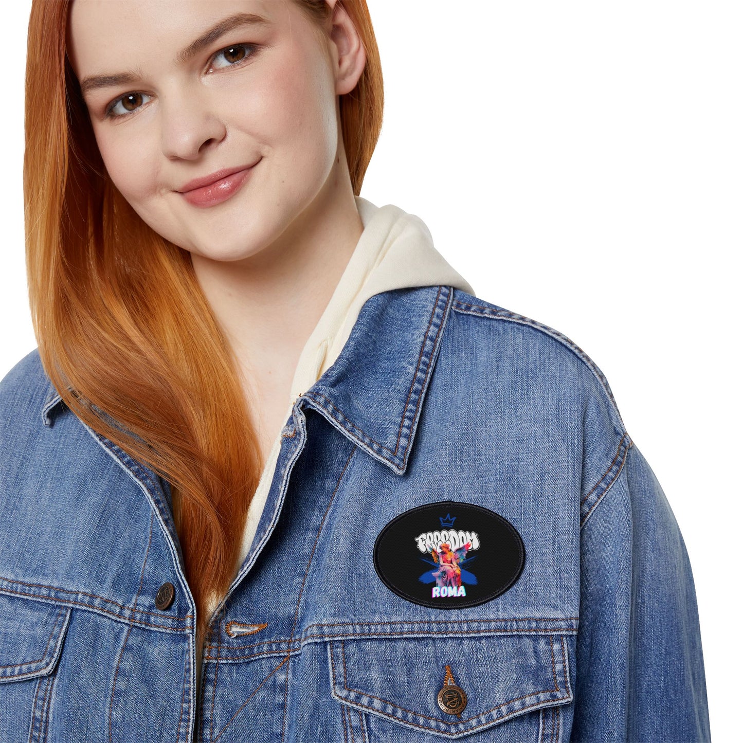 Patch with an intricate angel embroidery, “FREEDOM” text above, and “ROMA” beneath the design.

