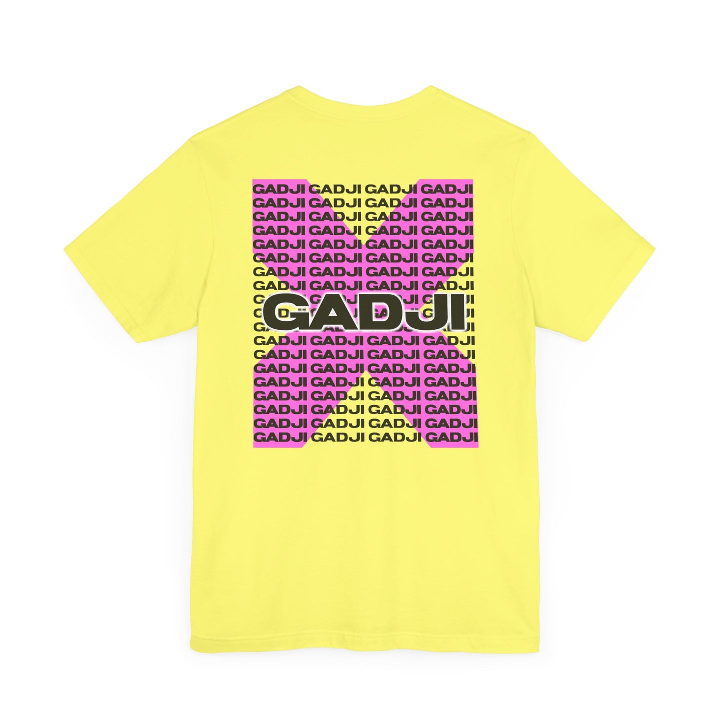 T-shirt with bold GADJI text incorporating classical Roman architectural motifs in the lettering.
