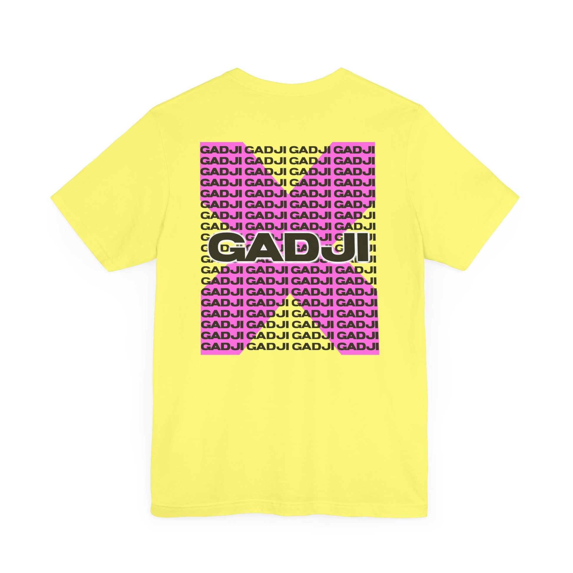 T-shirt with bold GADJI text incorporating classical Roman architectural motifs in the lettering.