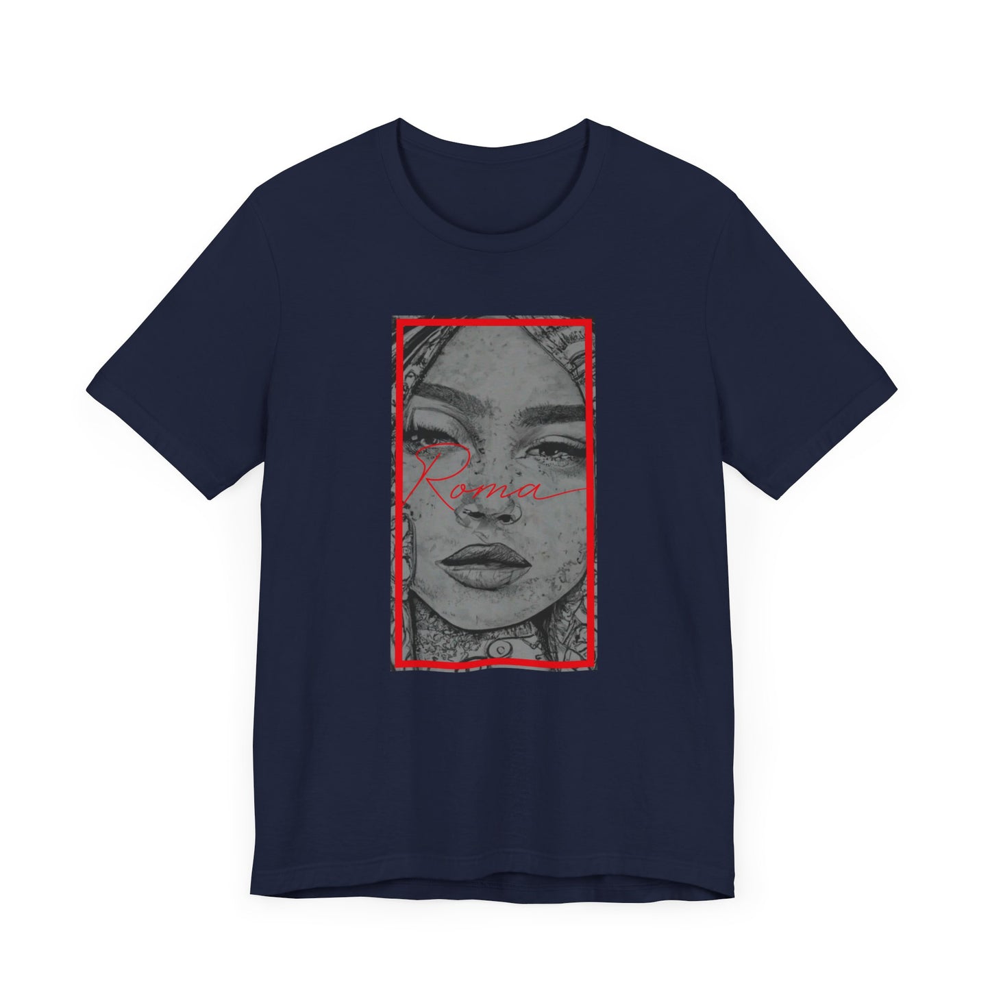 Minimalist short sleeve shirt with a striking Roma statue print, subtle ‘ATTENTION’ text shadowed behind it, and clean ‘Roma’ text grounding the design.