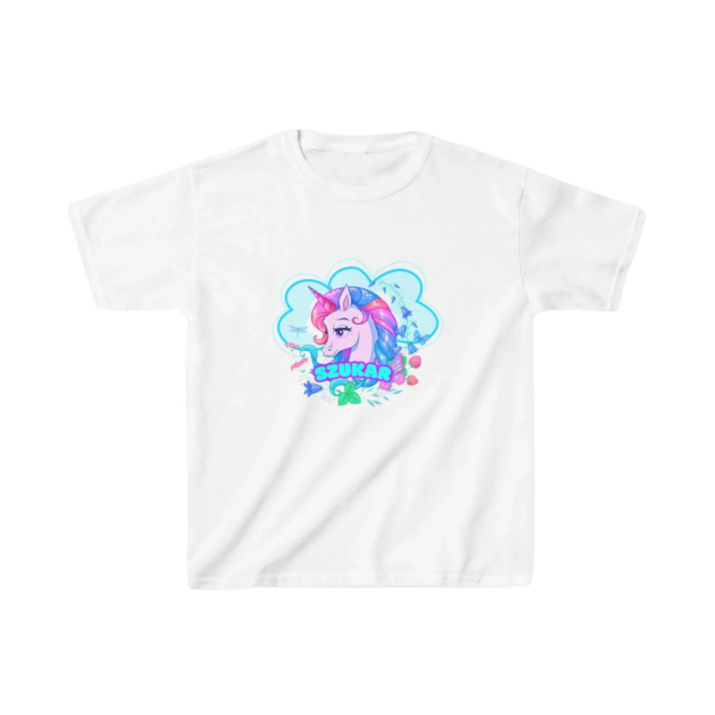 Kids’ graphic tee with unicorn surfing on a wave made of stardust.