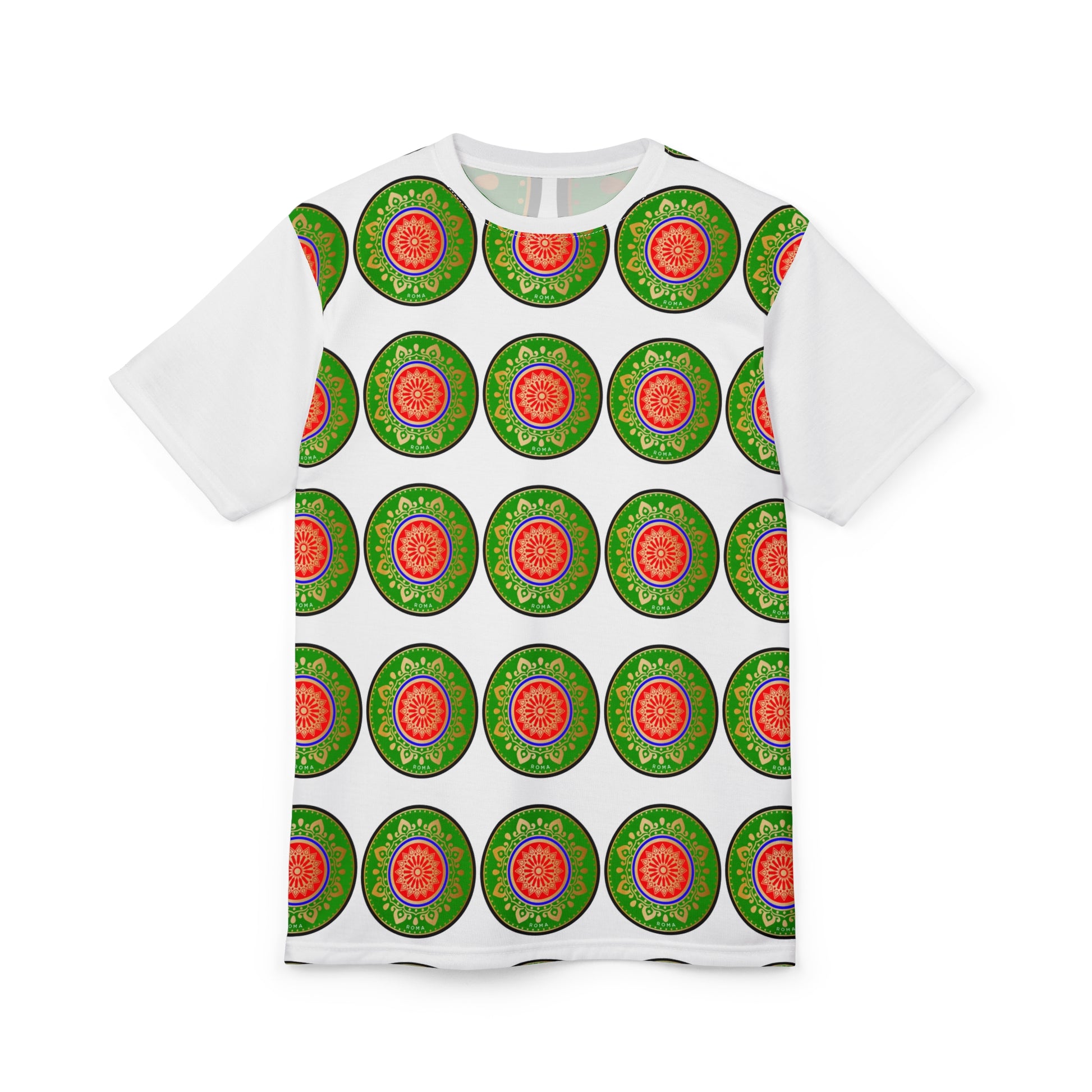 Short sleeve shirt adorned with a central Roma emblem framed by a circle.