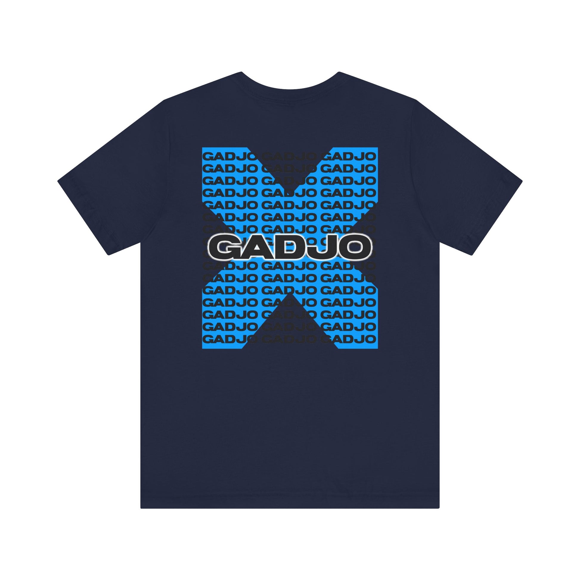 Minimal white shirt featuring small GADJO text and a faded Roma crown insignia behind it.