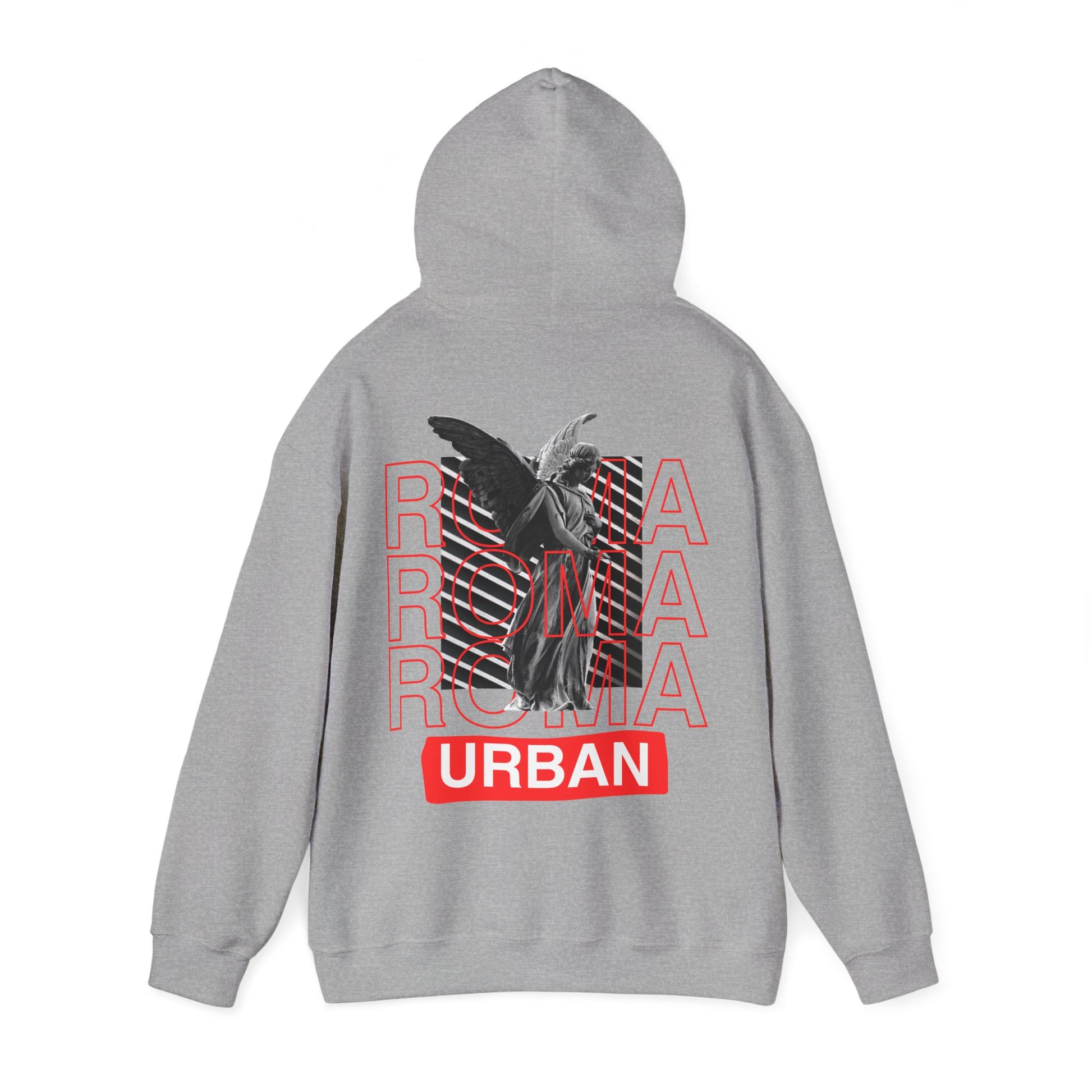 Stylish black hoodie with classical sculpture over ROMA font, finished with a clean “URBAN” text.

