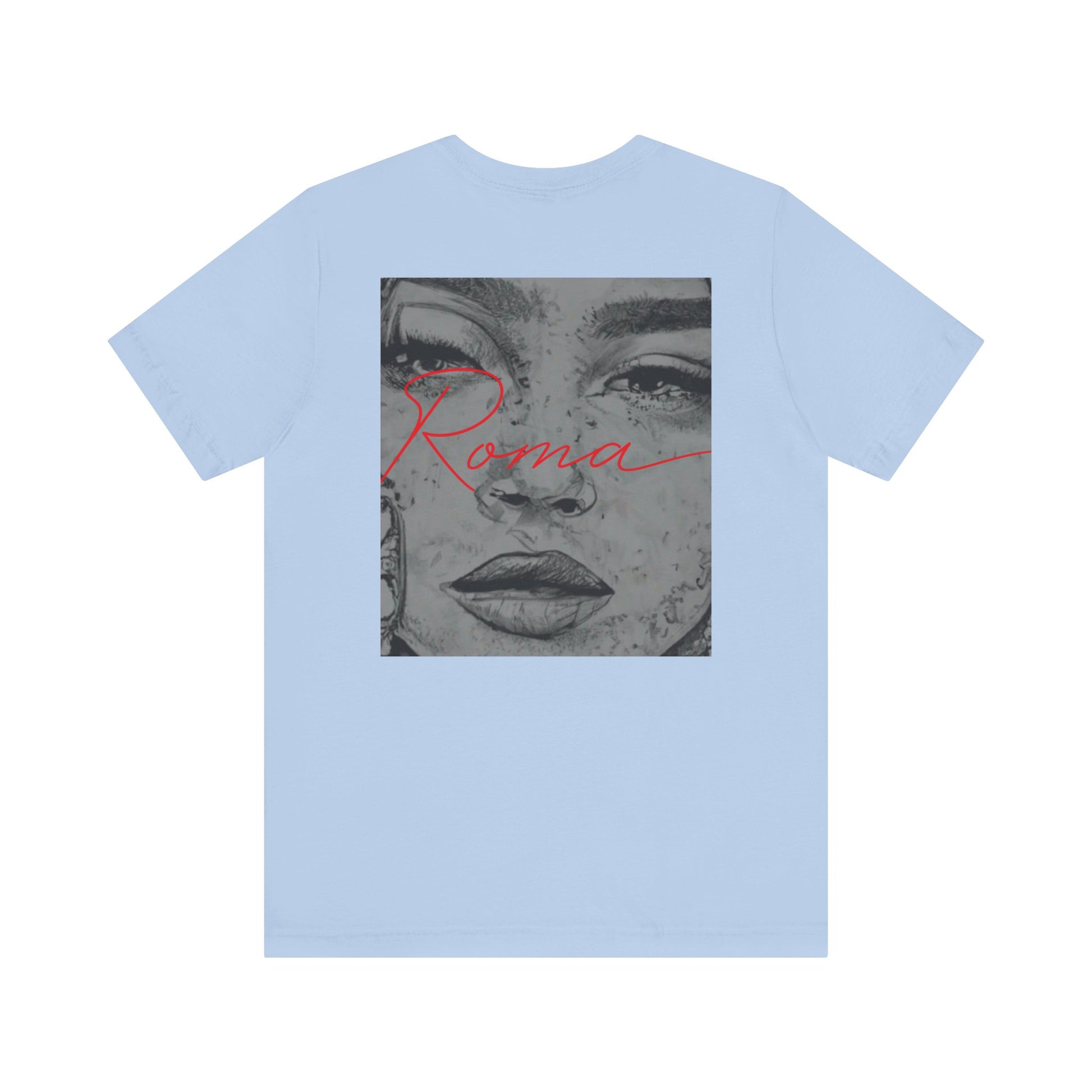 Front view of a black t-shirt with a striking Roma statue design, layered with ‘ATTENTION’ in the background and ‘Roma’ text underneath for emphasis.