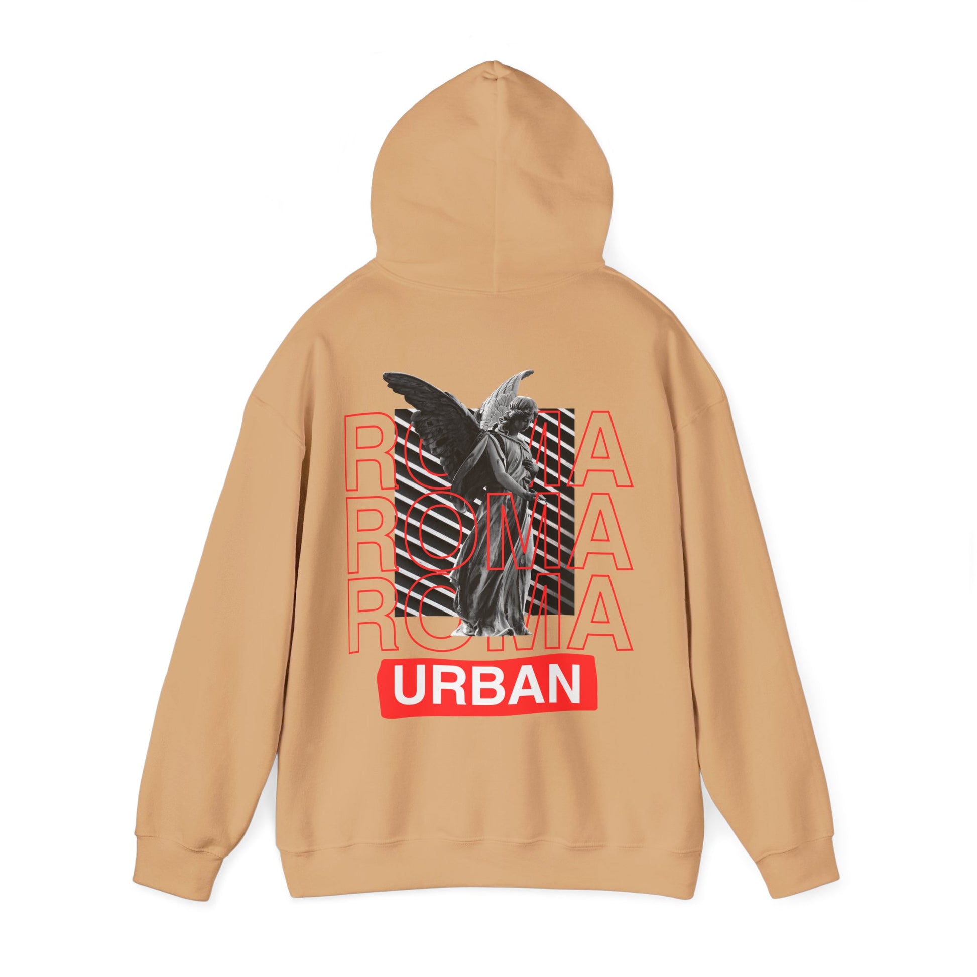 Hoodie design fusing ancient Roman art with modern street font — ROMA above, “URBAN” below.

