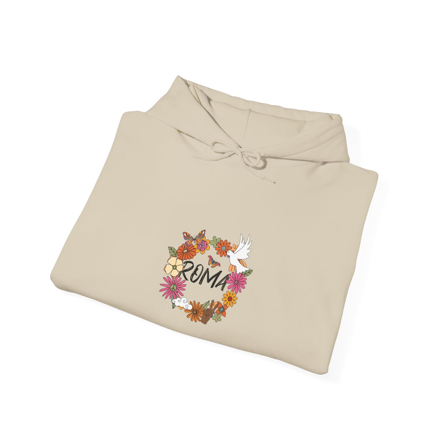 Artistic hoodie design with vintage flower accents forming a ring around a dove and central “ROMA” typography.