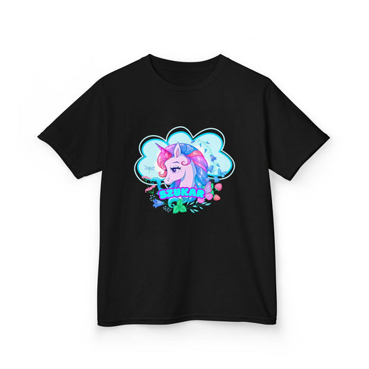 Kids’ T-shirt featuring a cute unicorn sleeping on a crescent moon.
