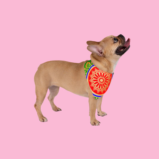 Stylish pet bandana with crown-style Roma print in center.