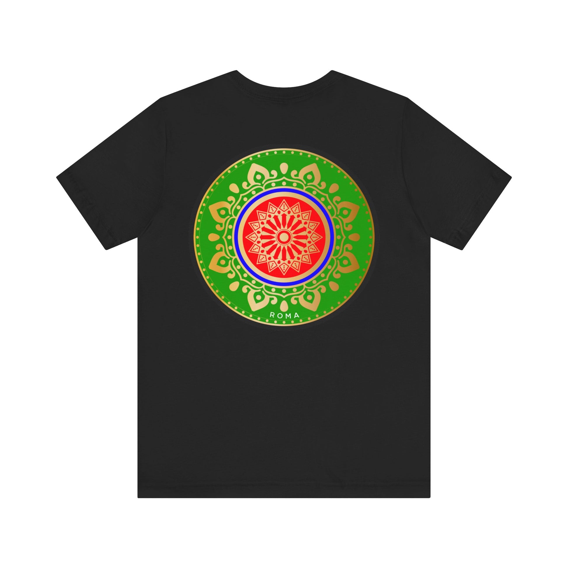 Classic short-sleeve shirt with artistic Roma emblem in green and gold circular frame.
