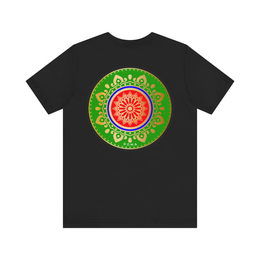Classic short-sleeve shirt with artistic Roma emblem in green and gold circular frame.
