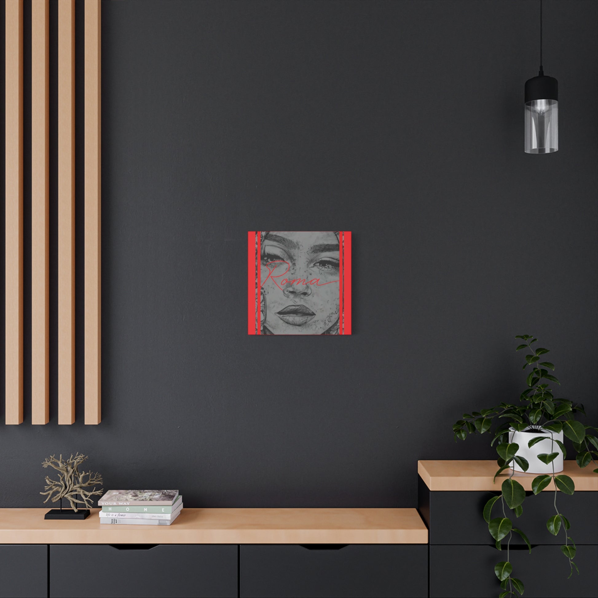Emotional girl’s close-up in high-definition canvas print, contrasted by bold and clean ROMA text design.