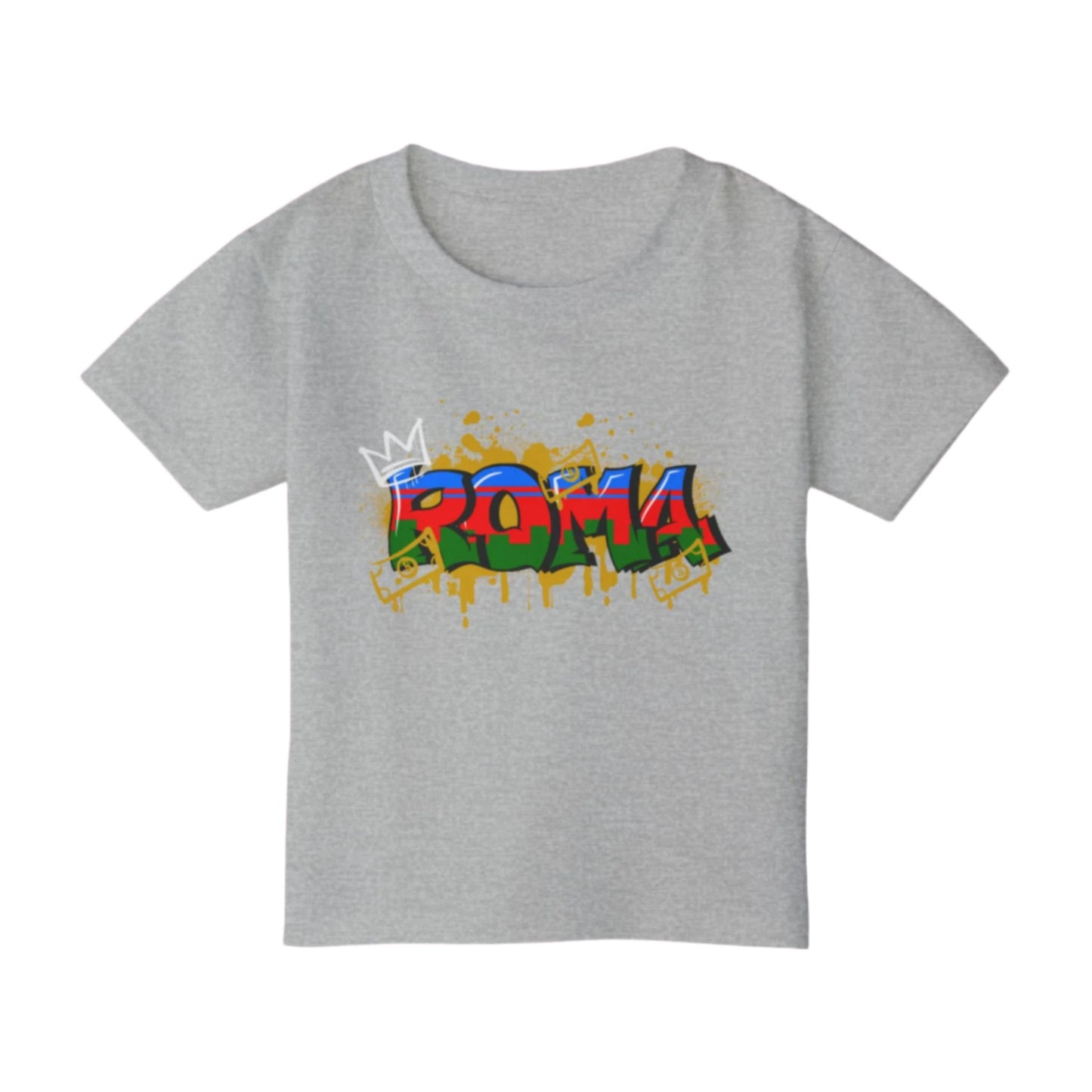 Unisex gray  tee with soft angel motif and centered ROMA print
