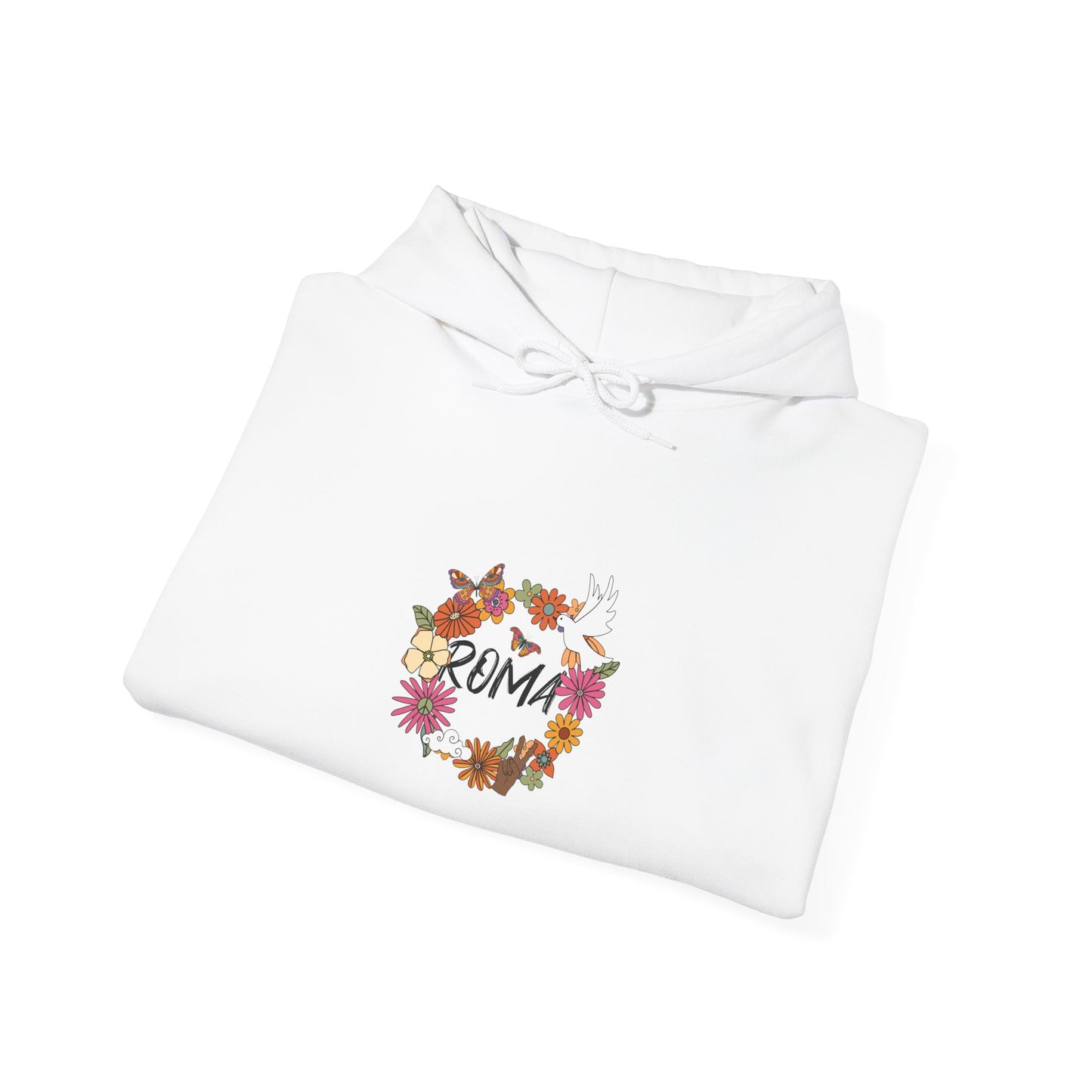 Floral hoodie design with watercolor-effect blossoms surrounding a flying dove and chic “ROMA” font inside the ring.