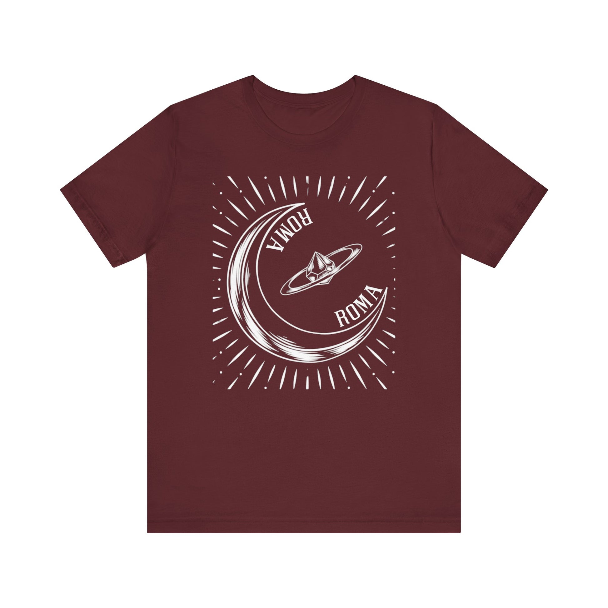 Red Roma T-Shirts Designs shirt with celestial half-moon artwork and ROMA branding.