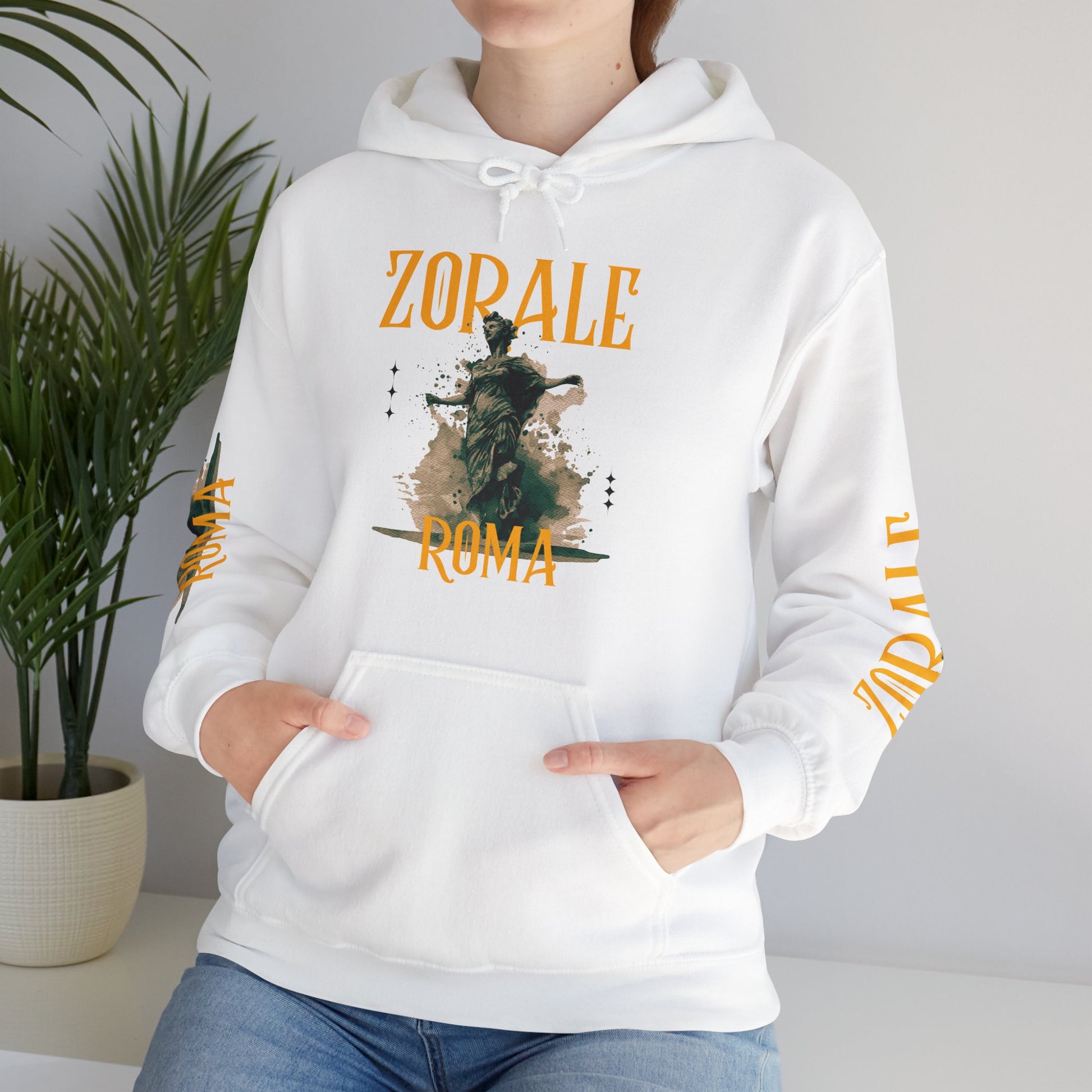 Statement Hoodie design centered with a symbolic ZORALE TEXT with a ROMA featuring SZUKAR ROMA.
