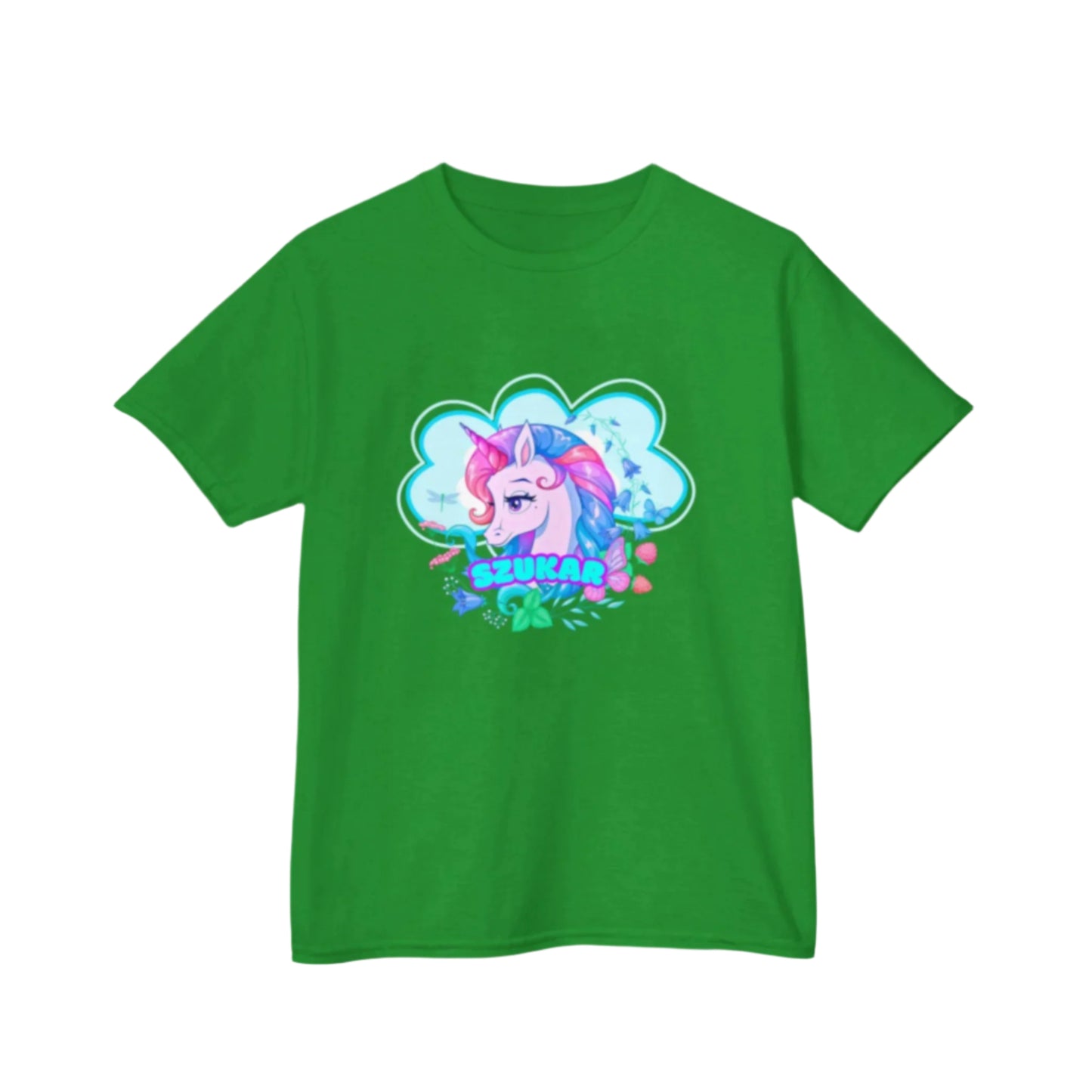 Soft T-shirt with a unicorn in a magical forest scene, made for everyday play.