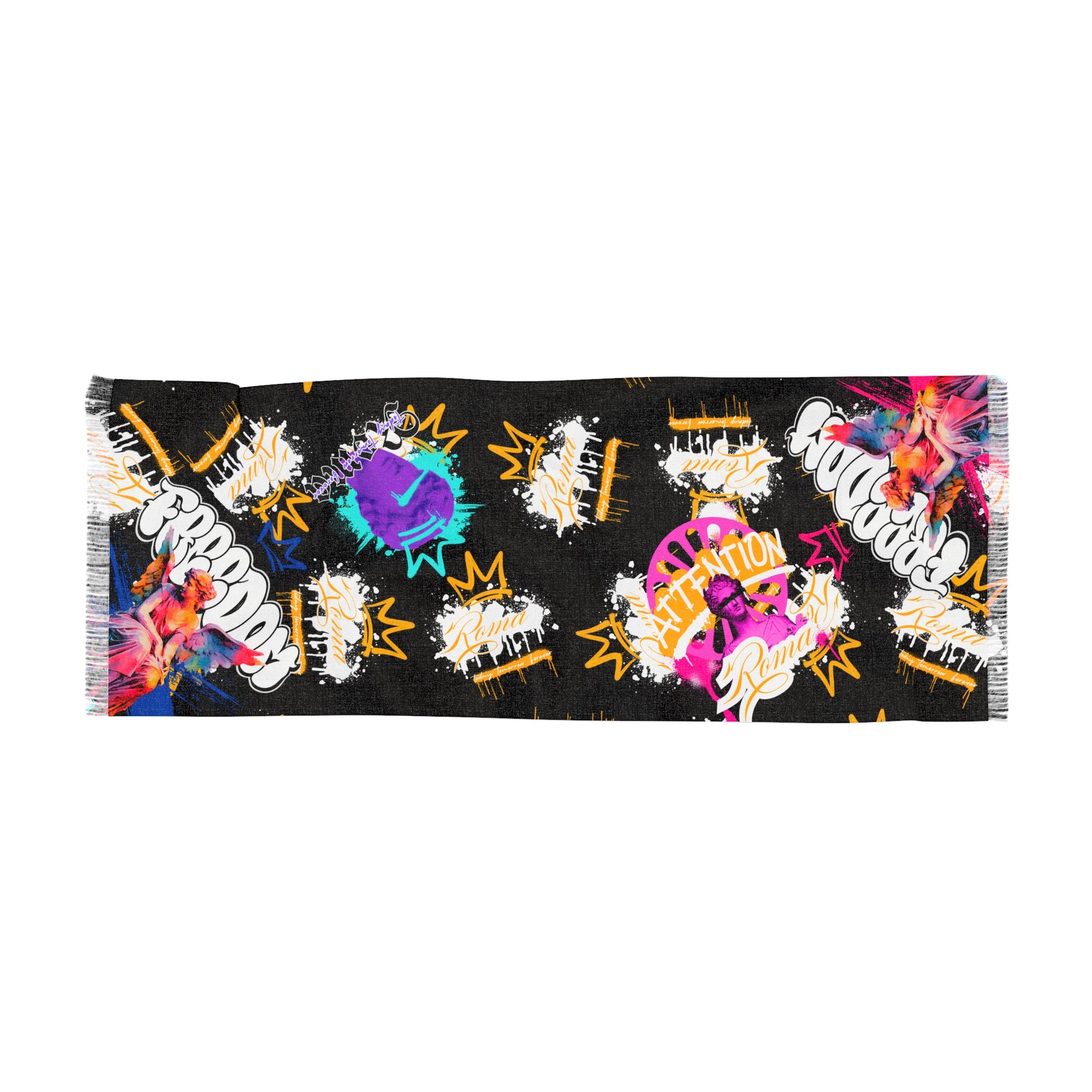 Stylish light scarf with an artistic angel pattern integrated with Roma flag colors and ‘SZUKAR’ text.