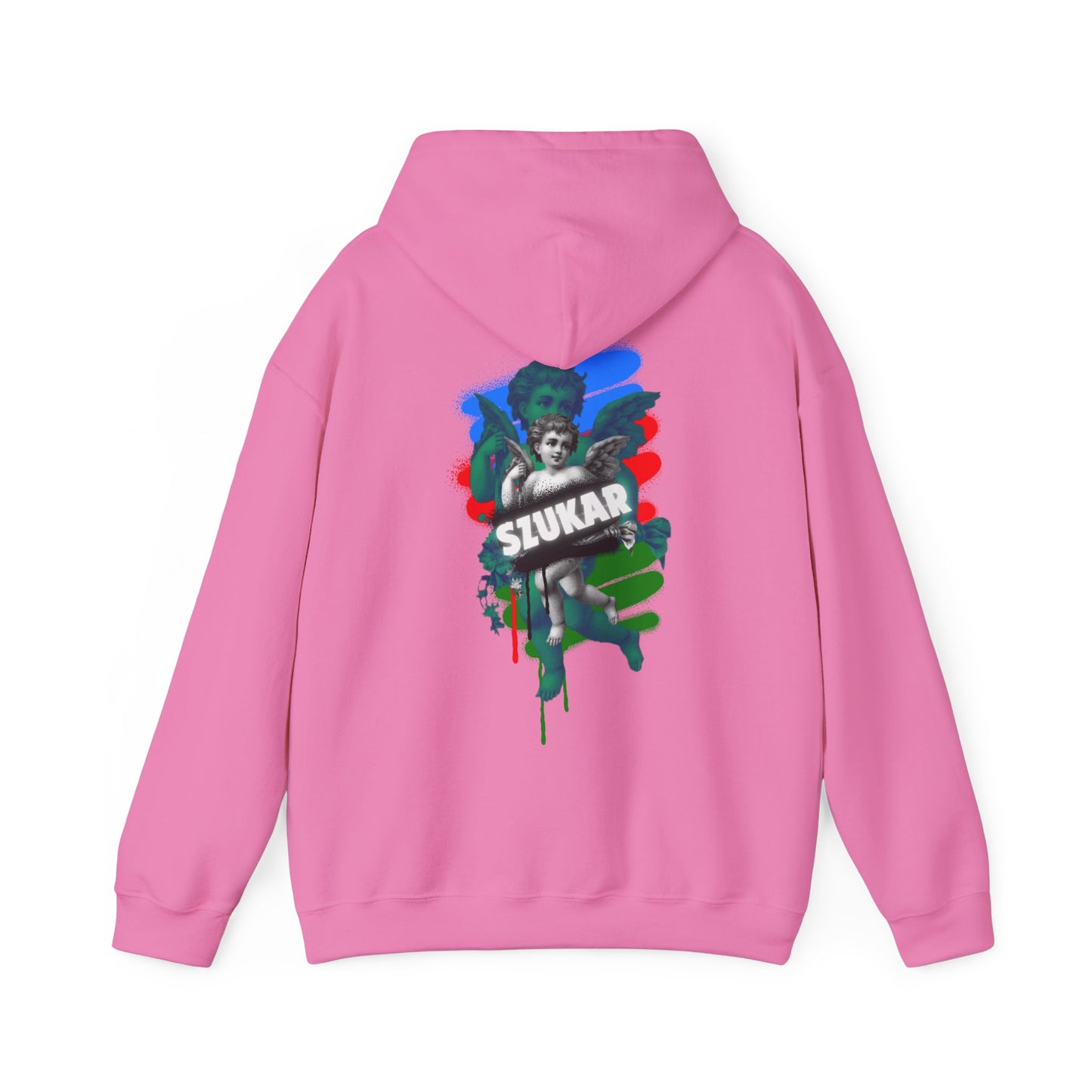 Streetwear bhoodie featuring Szukar ROMA lettering and angel illustration in Pink