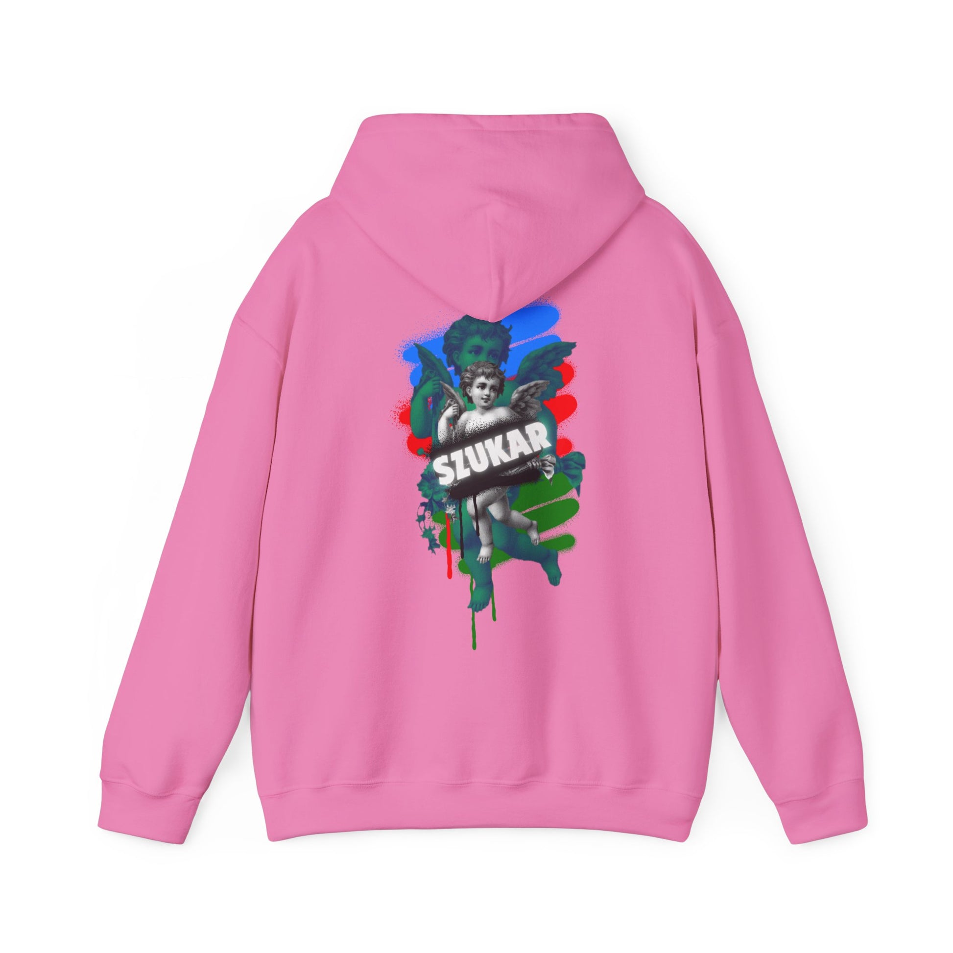 Streetwear bhoodie featuring Szukar ROMA lettering and angel illustration in Pink