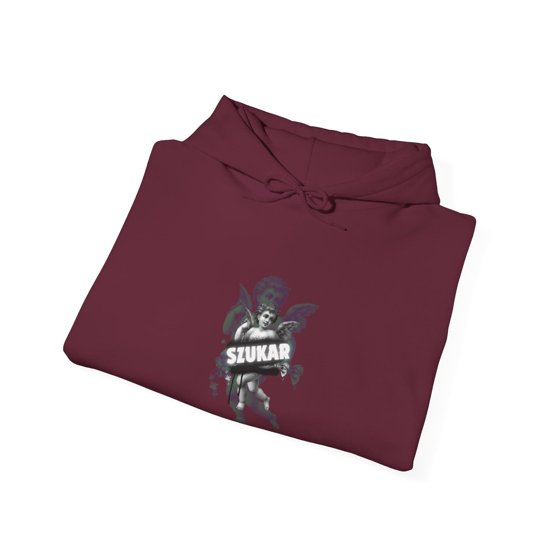Modern hoodie design with abstract angel figure and sharp ‘SZUKAR’ logo overlay.