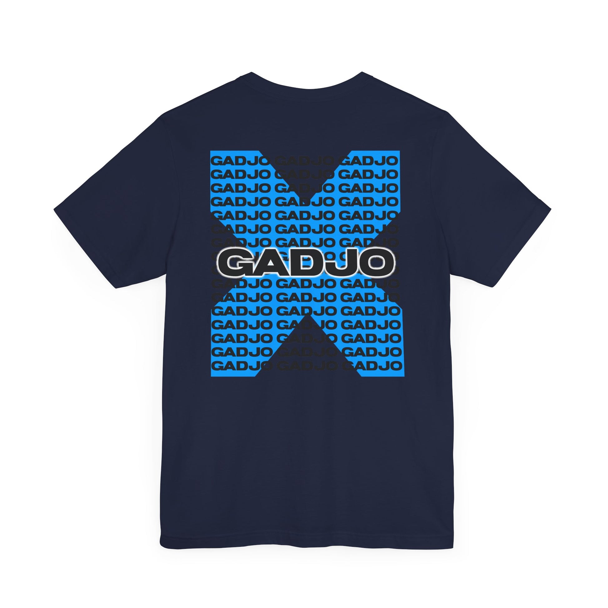 T-shirt with GADJO spelled out in mirrored letters, reflecting a dual-identity concept.
