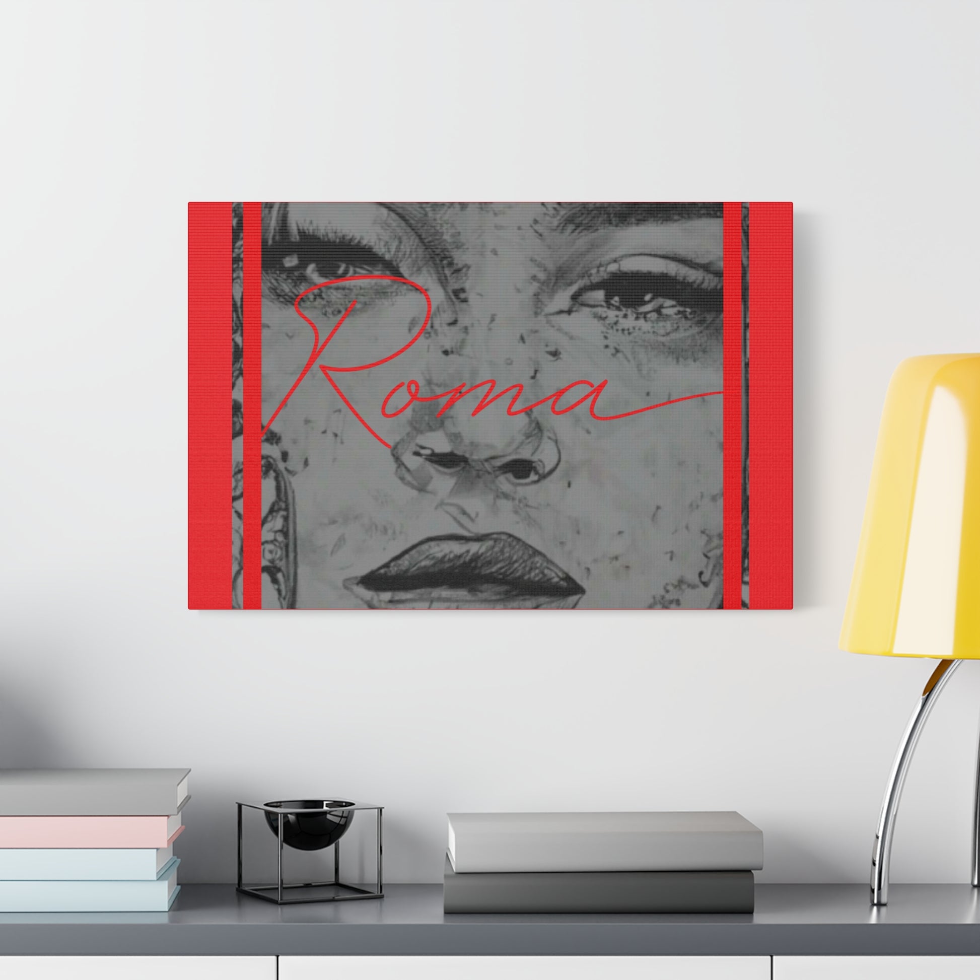 Minimalist yet emotional canvas print of a young girl’s tear-streaked face with a powerful ROMA wordmark.