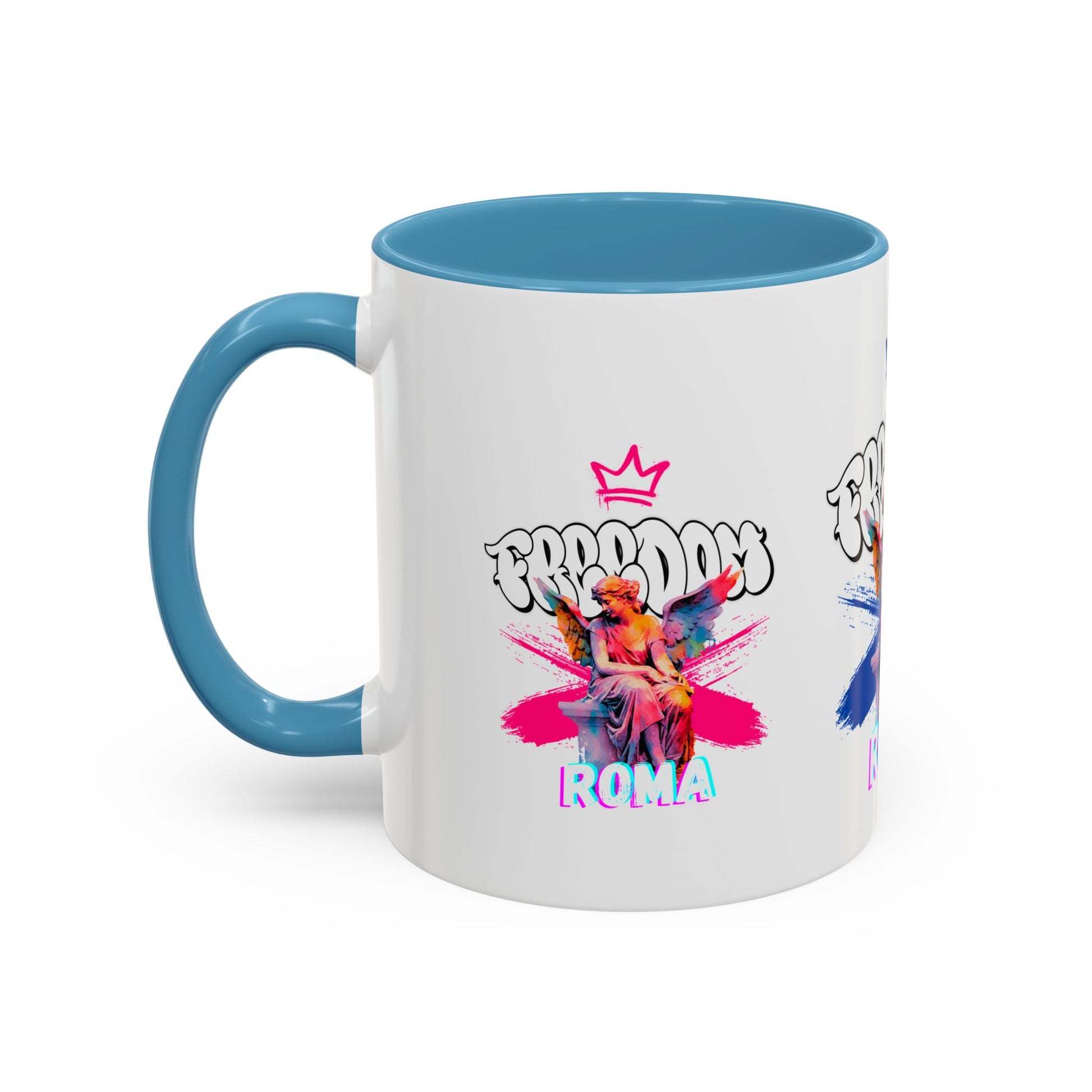 Blue mug with celestial angel and ROMA text, touch rim activates deep blue color
