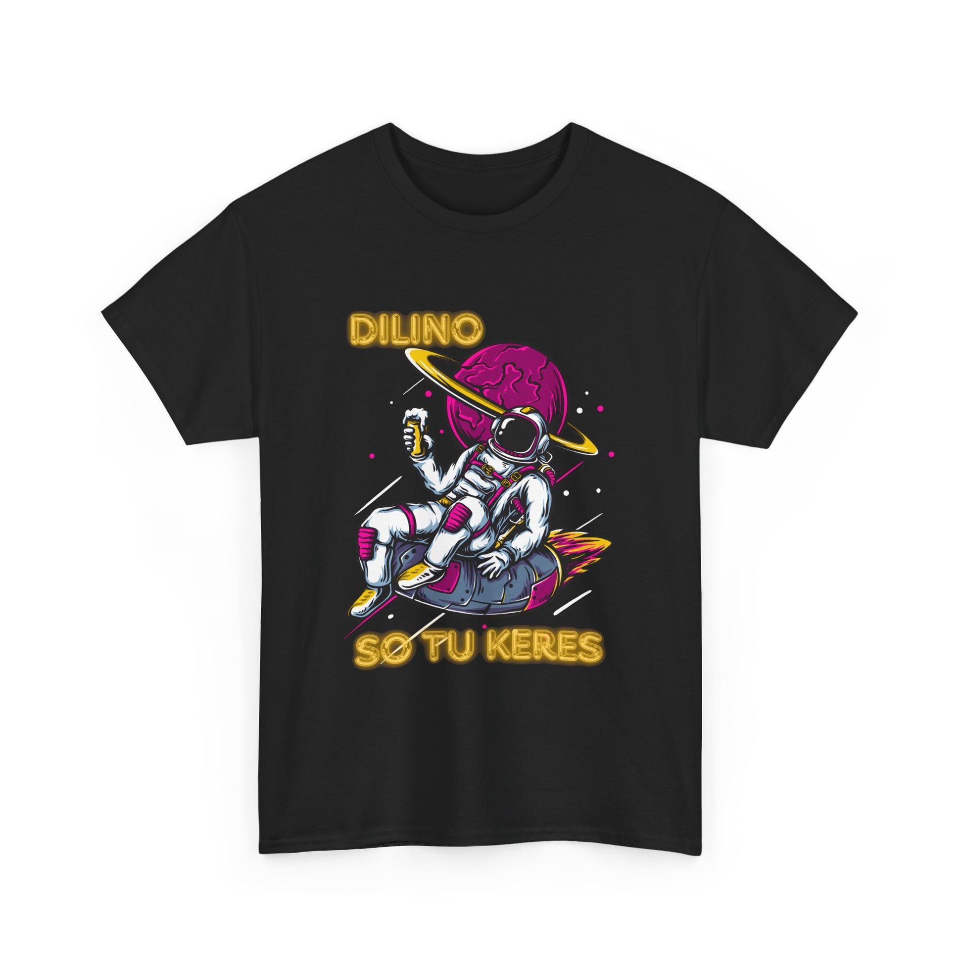 Fashionable tee printed with bold ‘DILINO’, a nastrabnout symbol, and ‘SO TU KERES’ slogan.