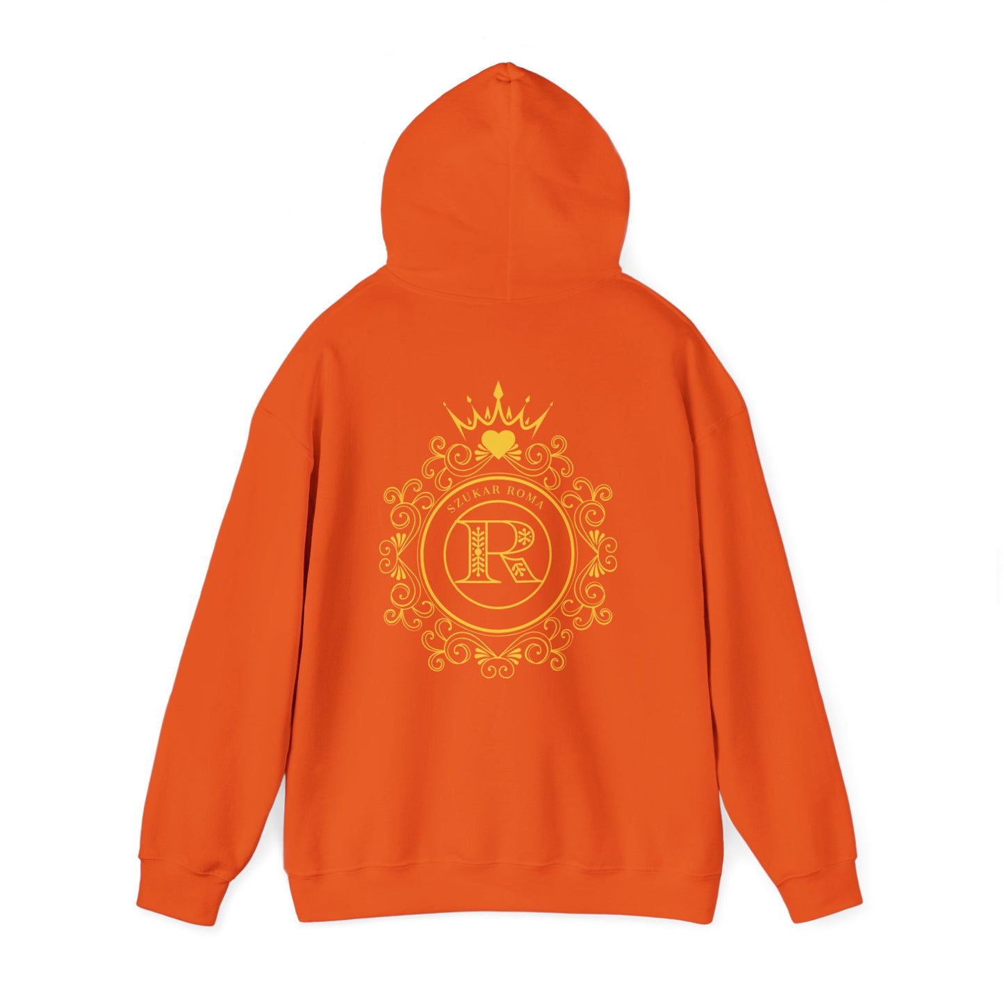 Black hoodie with a circular crest showing a crowned "R" and SZUKAR ROMA text.


