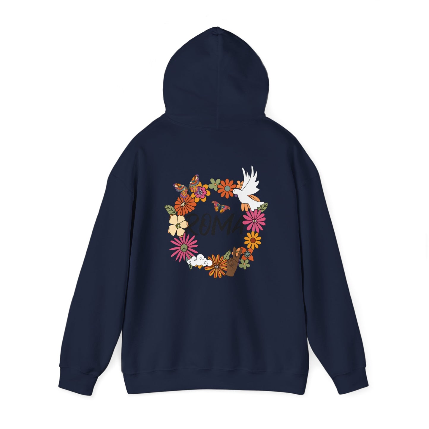 Casual hoodie with a floral circle design, a dove at its core, and “ROMA” text integrated inside the wreath.