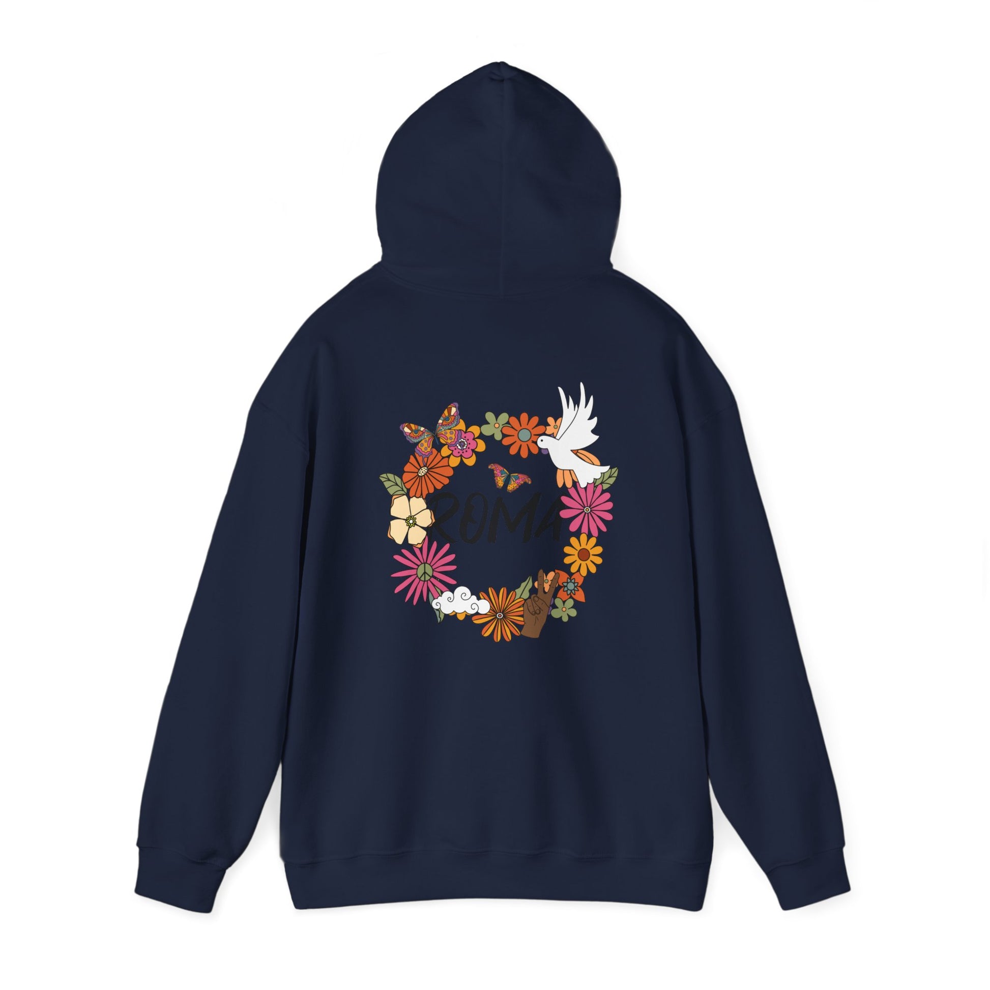 Casual hoodie with a floral circle design, a dove at its core, and “ROMA” text integrated inside the wreath.