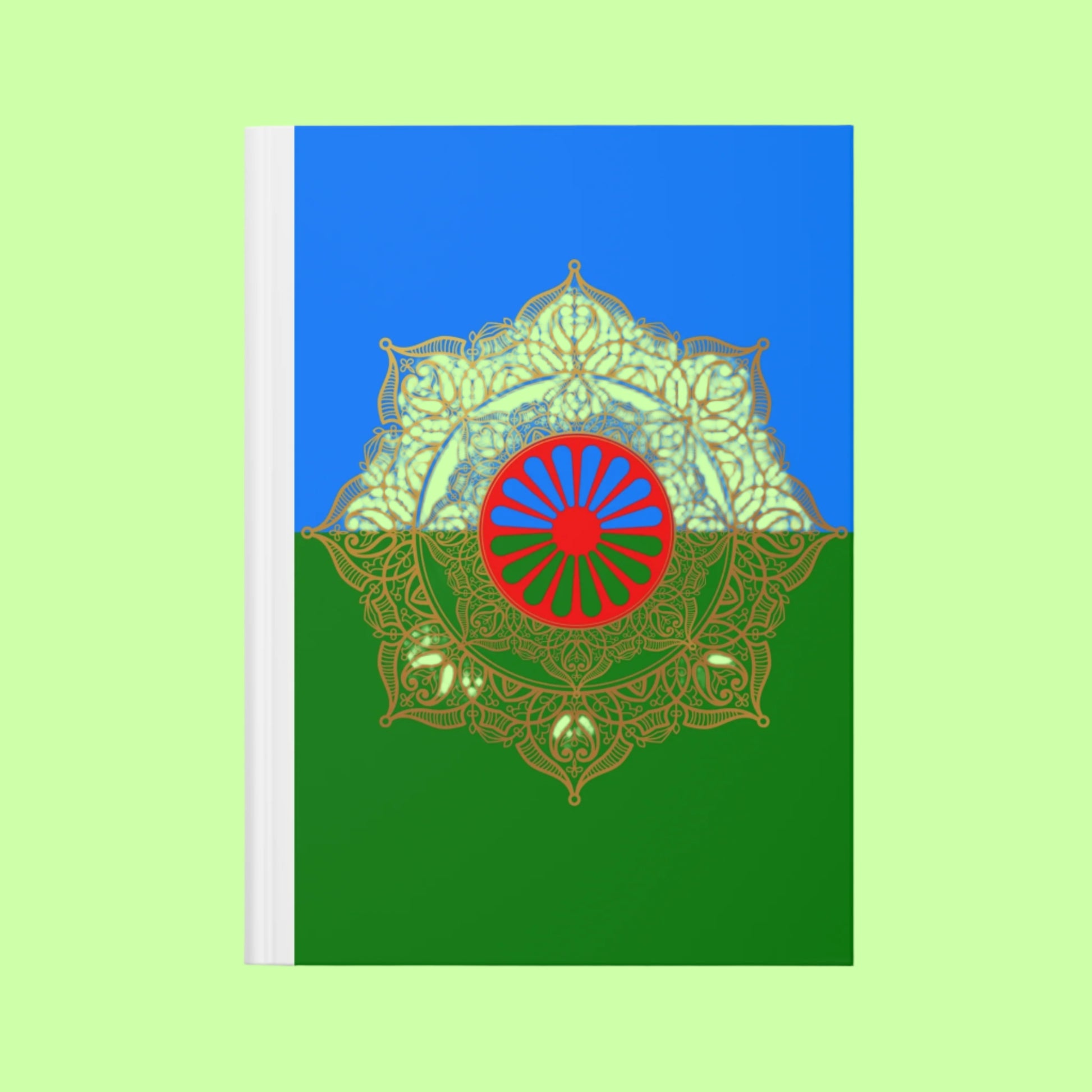 Art journal featuring royal red and gold circular design inspired by classic Roma symbols blue green.