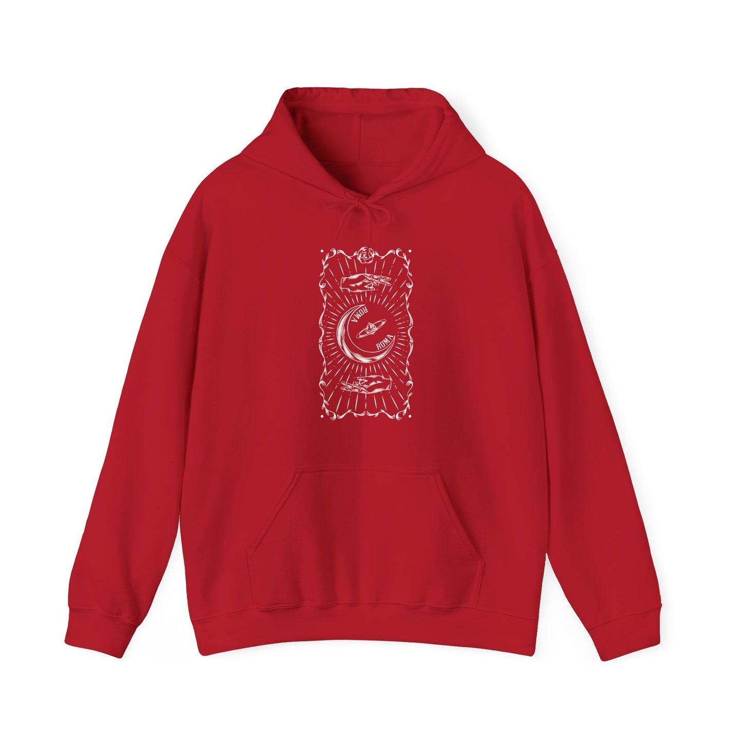 RED  hoodie featuring minimalist ROMA and Half moon text design, subtly printed for a clean and understated look.