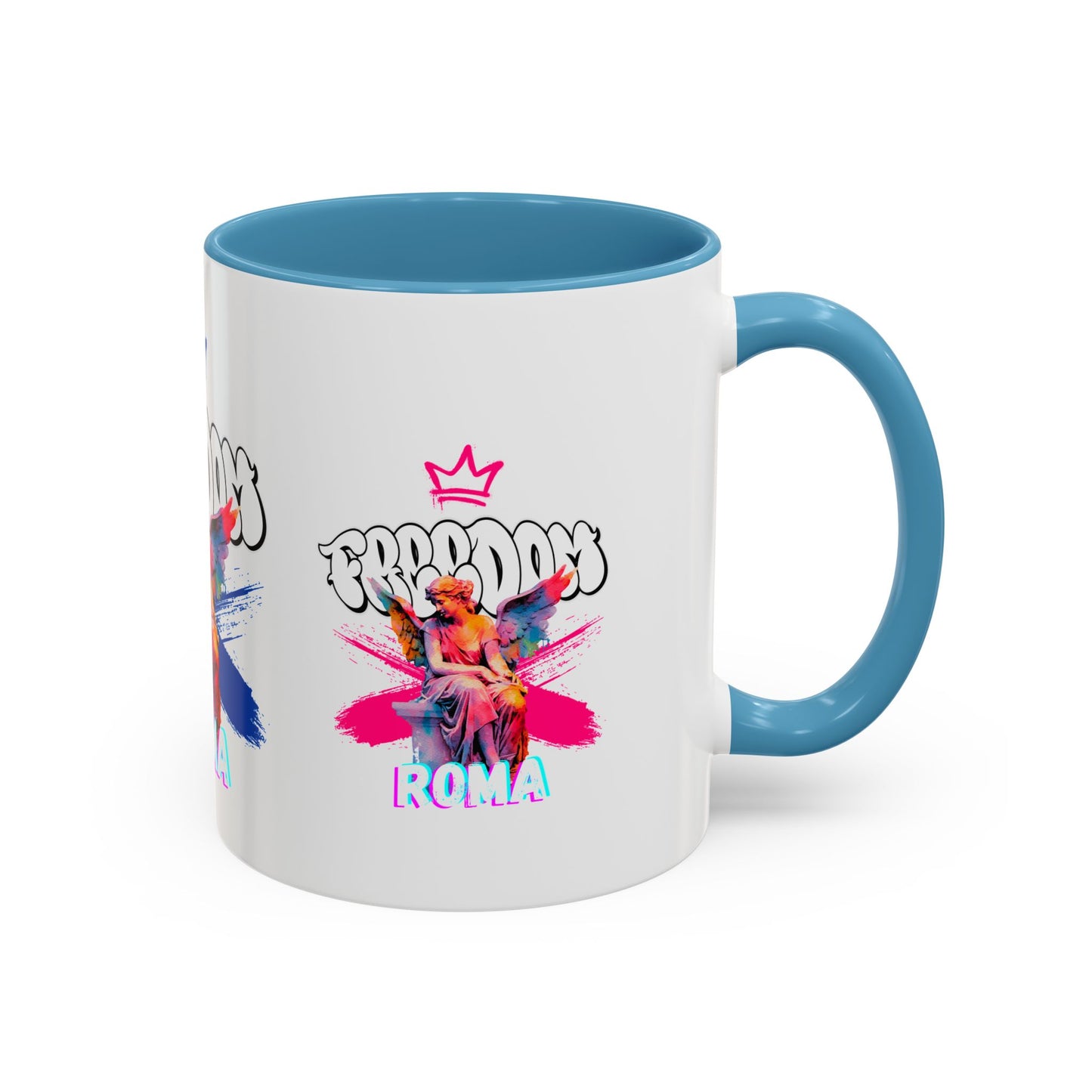 Sky blue mug with warm-sensitive blue handle and lip, angel motif and crown accent