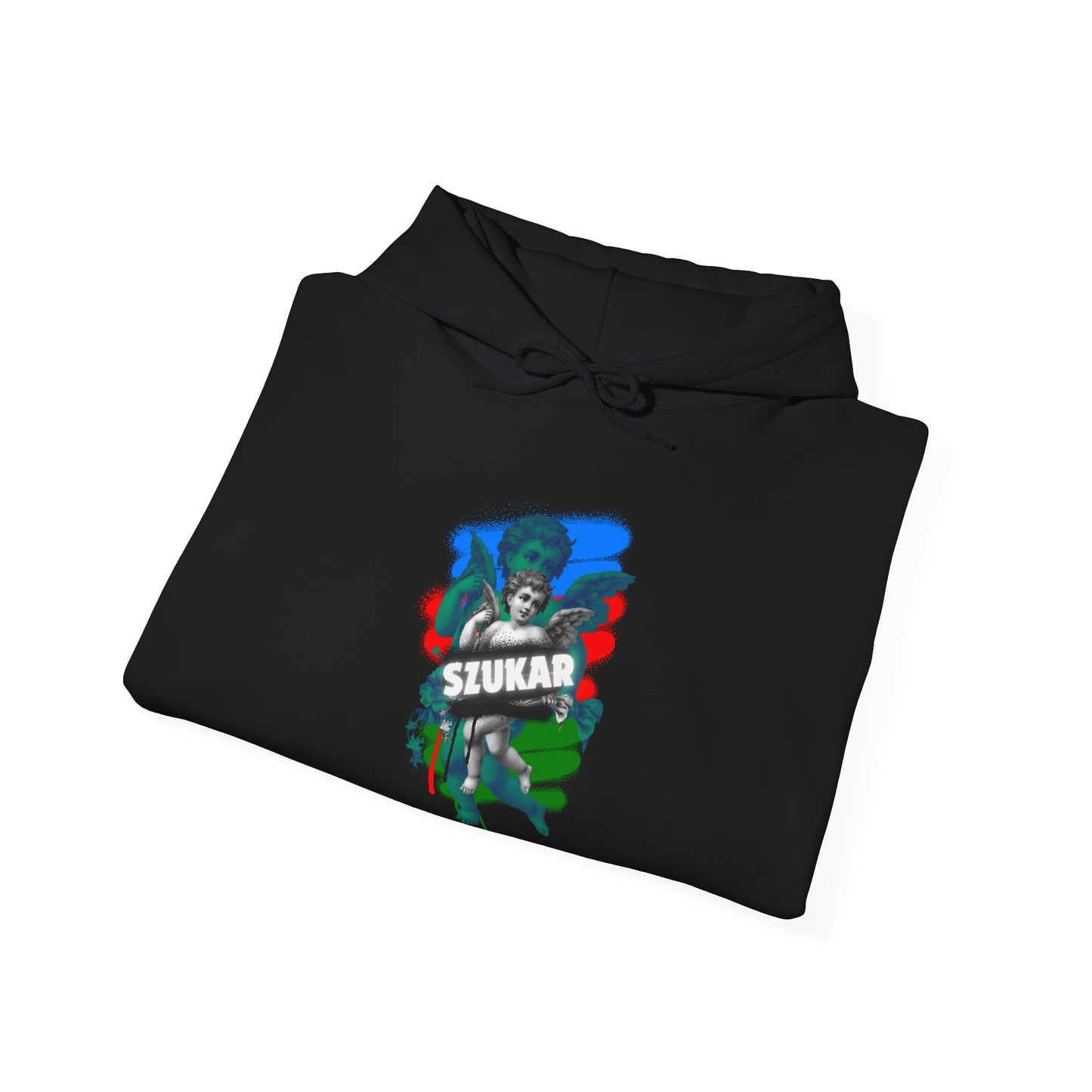 Unisex black hoodie with bold  ROMA branding and detailed angel artwork