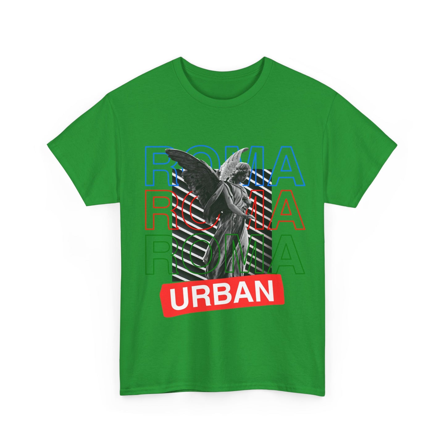 Front print tee featuring angel statue sketch merged with repeating “ROMA” and urban street vibe.

