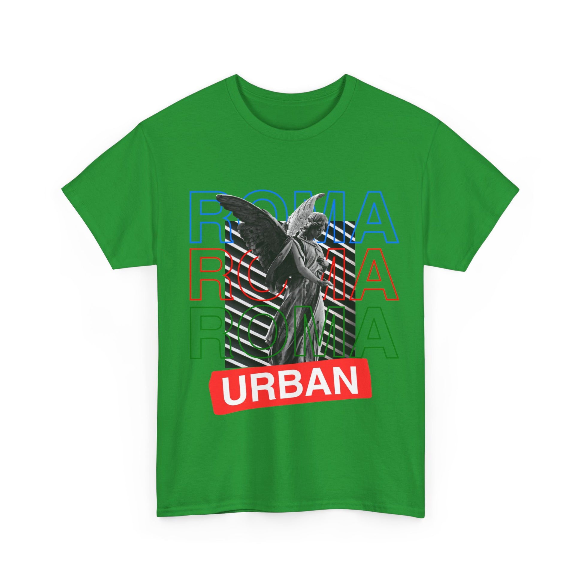 Front print tee featuring angel statue sketch merged with repeating “ROMA” and urban street vibe.

