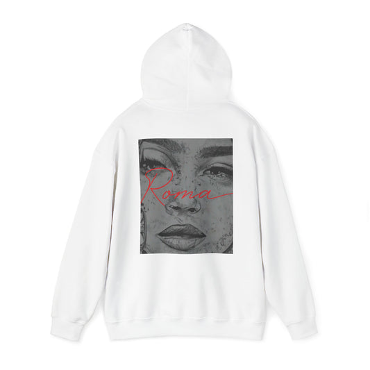 Cozy fleece hoodie featuring Roma flag colors intertwined with tribal-inspired motifs.

