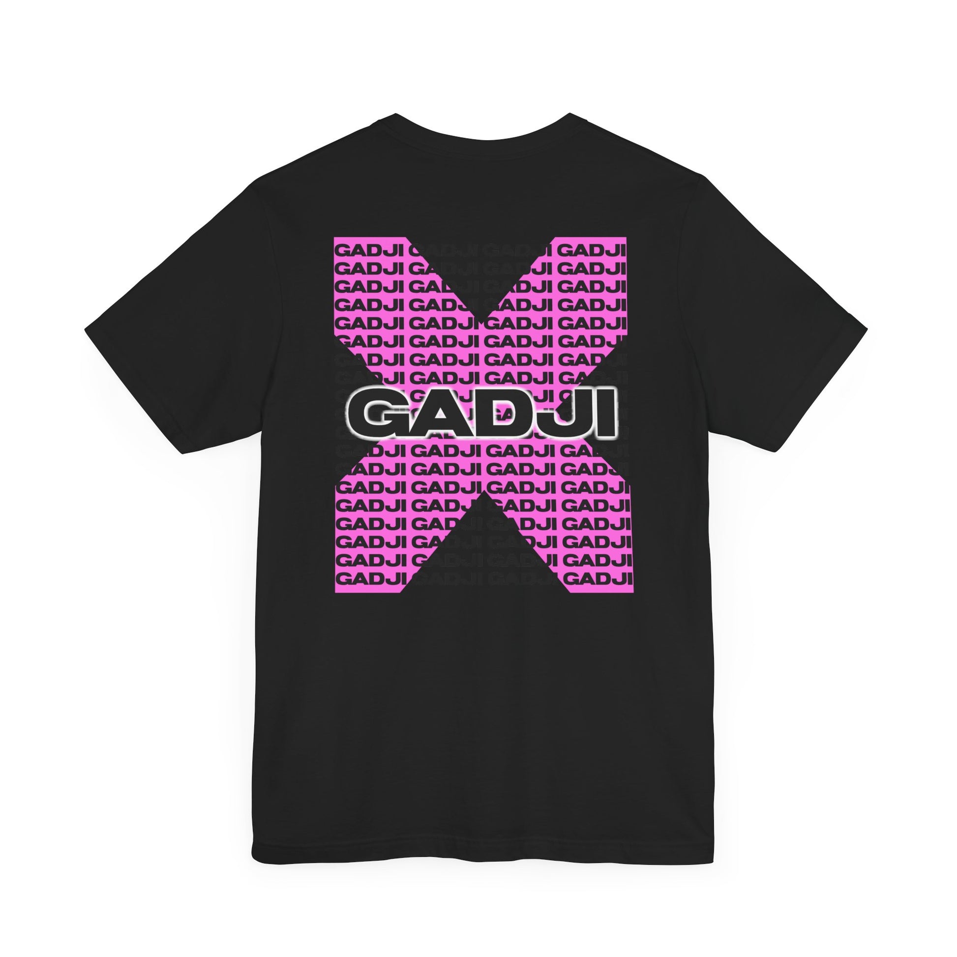 T-shirt with bold GADJI text incorporating classical Roman architectural motifs in the lettering.