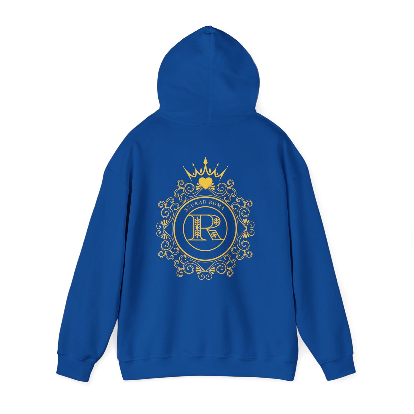 Elevated streetwear hoodie with circular crest design: crowned R and SZUKAR ROMA inscription.


