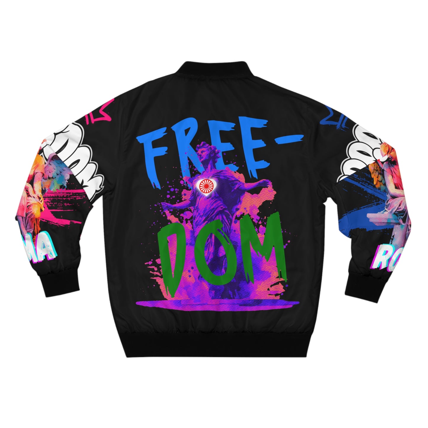 Empowering hoodie design with a collage of Roma statues and symbolic graphics, framed by ZORALE and FREEDOM slogans.